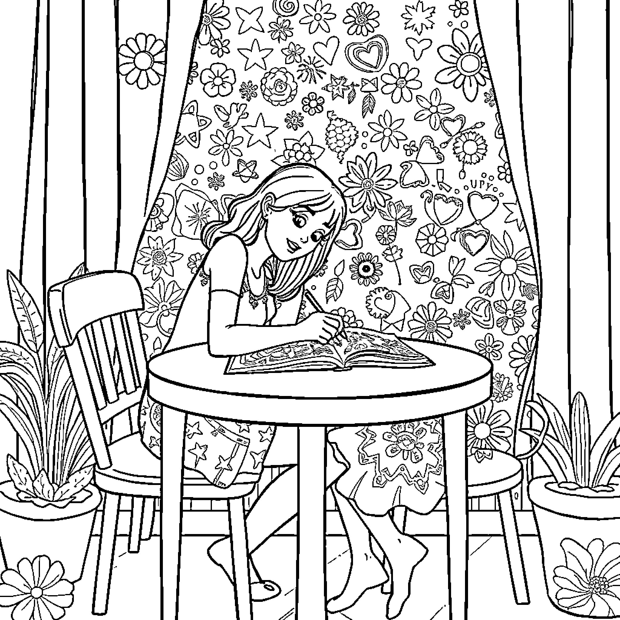 Girlfriend reading book surrounded by flowers Coloring Page (free black-and-white line drawing printable PDF for all, from beginners to advanced learners, including children, teens, adults, and seniors)