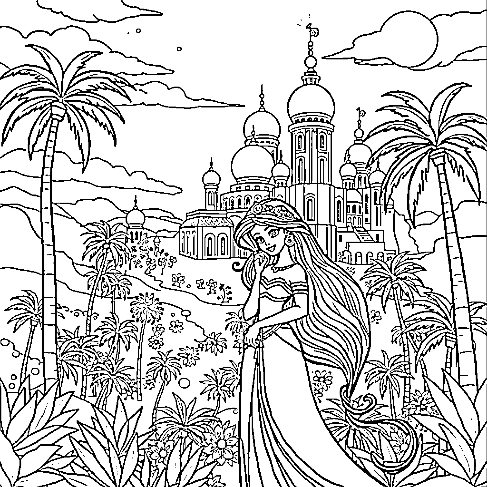 Jasmine exploring a vibrant, lush, and ornate palace landscape Coloring Page (free black-and-white line drawing printable PDF for all, from beginners to advanced learners, including children, teens, adults, and seniors)