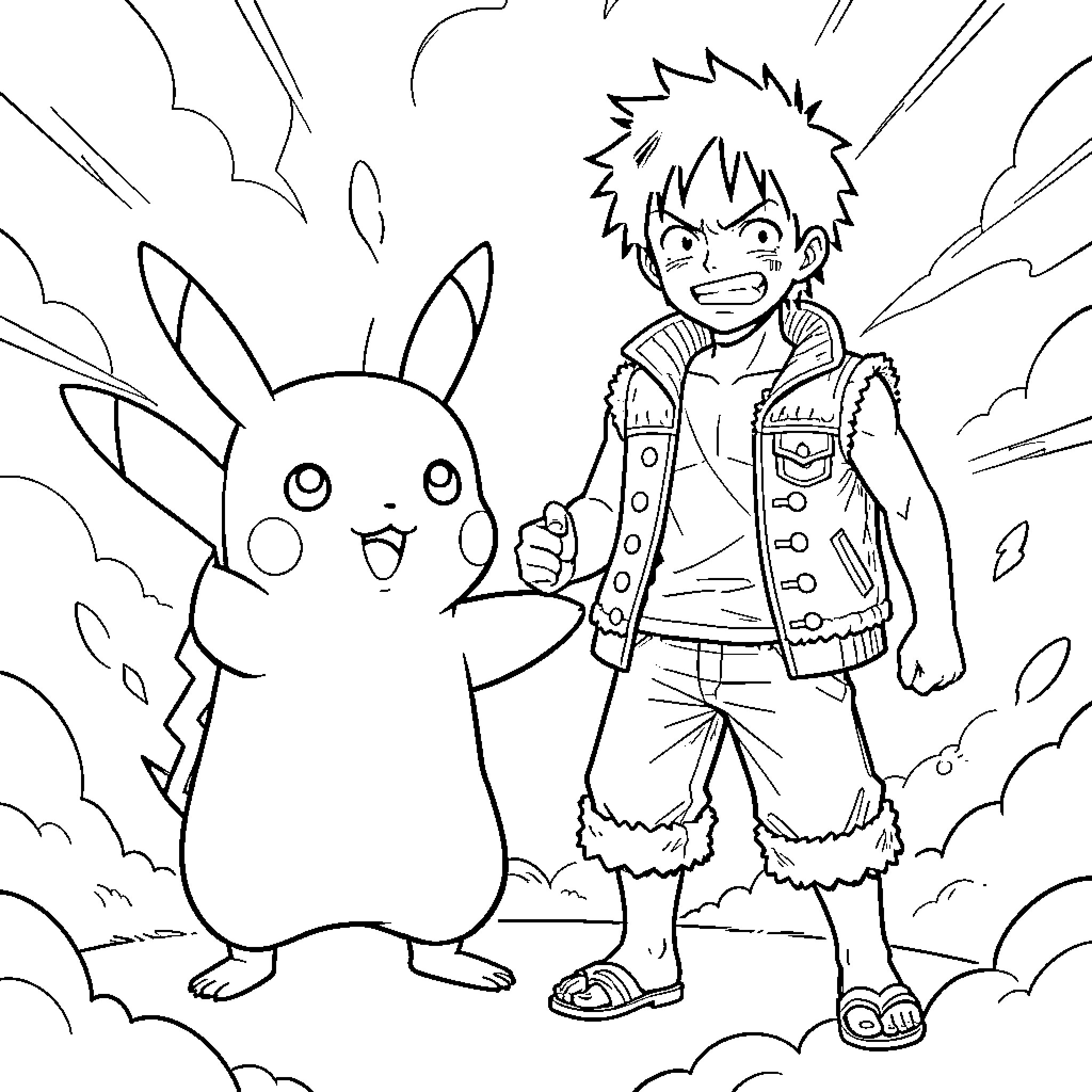 Pikachu and a trainer posing heroically together Coloring Page (free black-and-white line drawing printable PDF for all, from beginners to advanced learners, including children, teens, adults, and seniors)