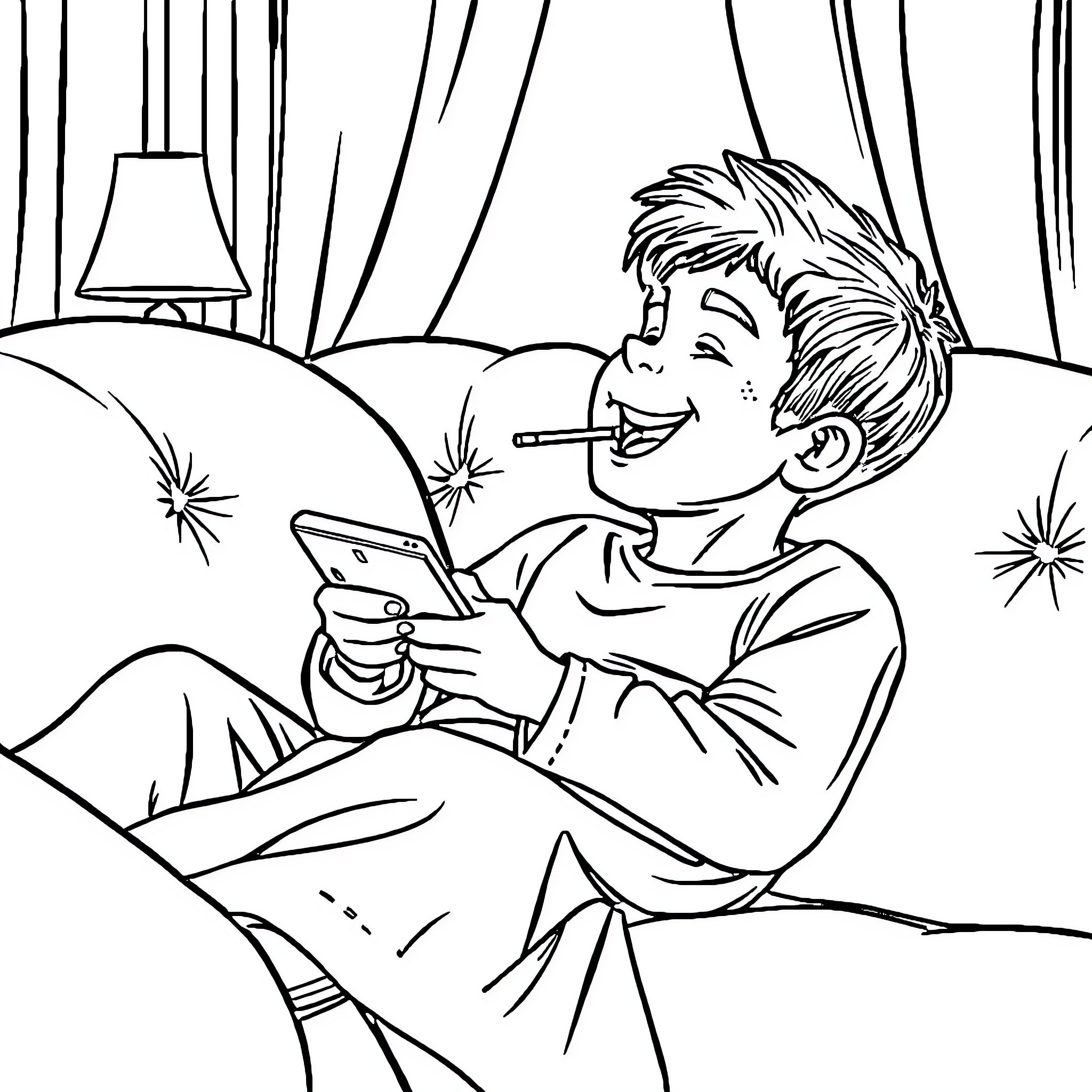 Younes enjoying a relaxing moment with his smartphone Coloring Page (free black-and-white line drawing printable PDF for all, from beginners to advanced learners, including children, teens, adults, and seniors)