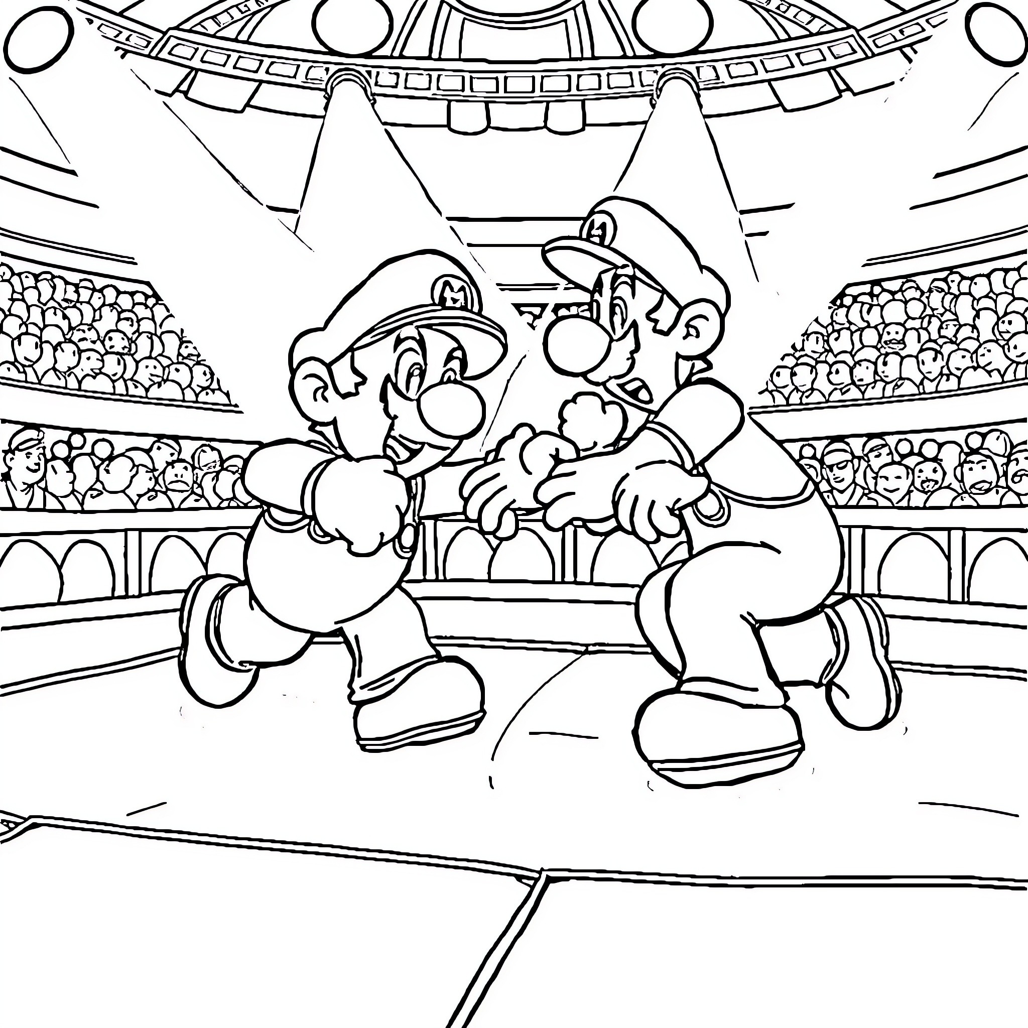 Mario and Luigi performing in an arena Coloring Page (free black-and-white line drawing printable PDF for all, from beginners to advanced learners, including children, teens, adults, and seniors)
