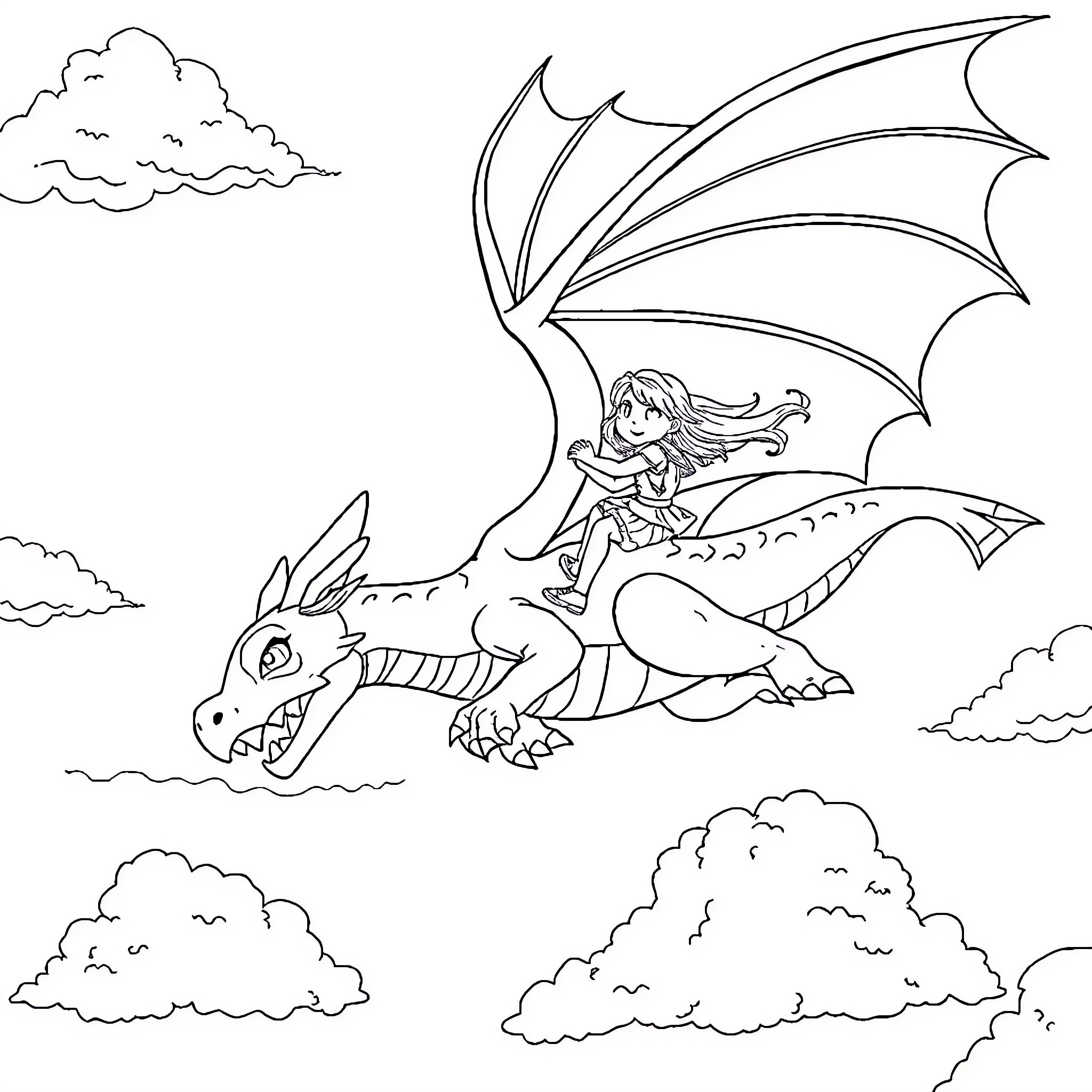 Dragon rider soaring through the clouds Coloring Page (free black-and-white line drawing printable PDF for all, from beginners to advanced learners, including children, teens, adults, and seniors)