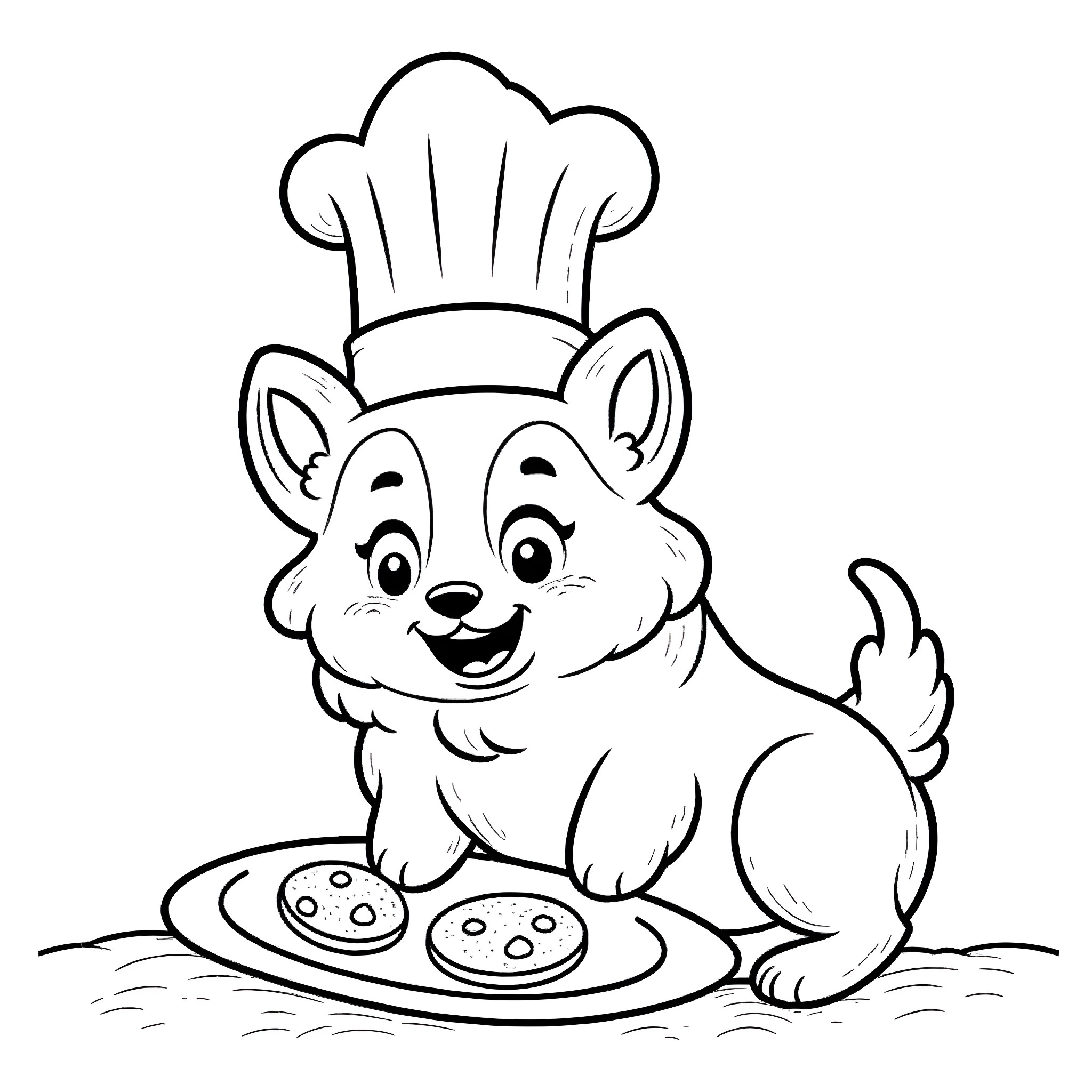Corgi chef cooking delicious treats Coloring Page (free black-and-white line drawing printable PDF for all, from beginners to advanced learners, including children, teens, adults, and seniors)