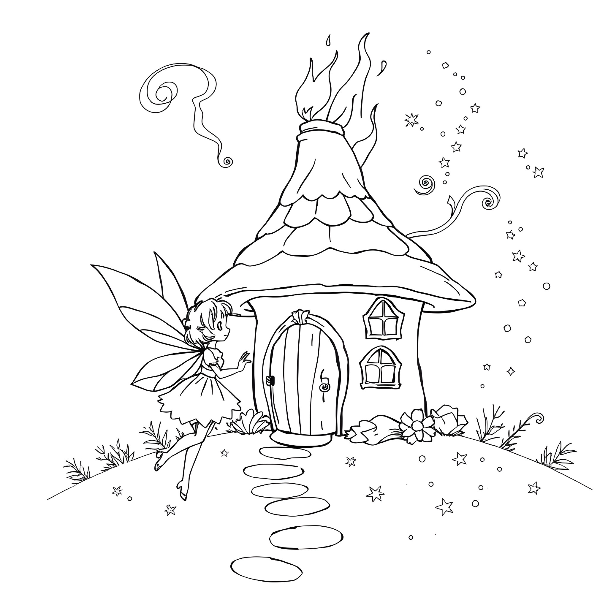 Fairy's magical mushroom cottage in the enchanted forest Coloring Page (free black-and-white line drawing printable PDF for all, from beginners to advanced learners, including children, teens, adults, and seniors)
