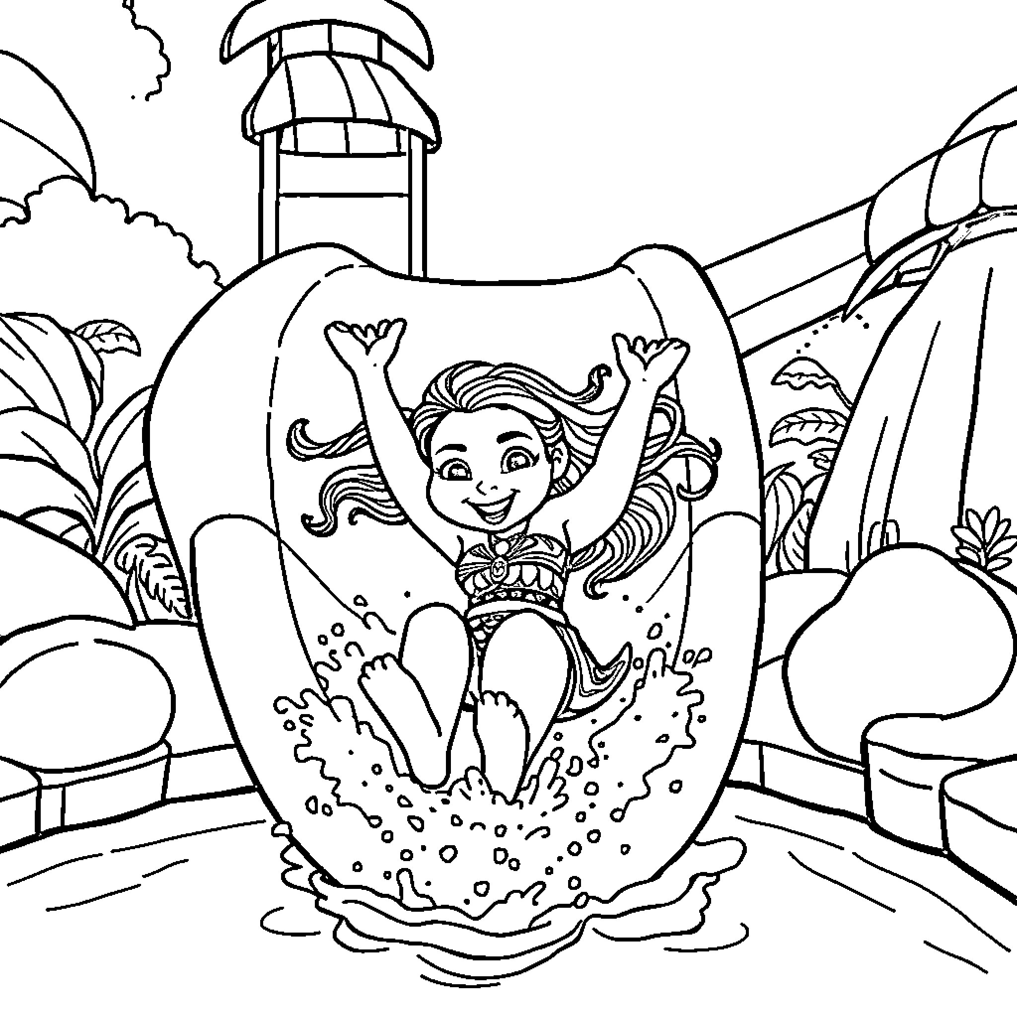 Moana enjoying a magical water ride Coloring Page (free black-and-white line drawing printable PDF for all, from beginners to advanced learners, including children, teens, adults, and seniors)