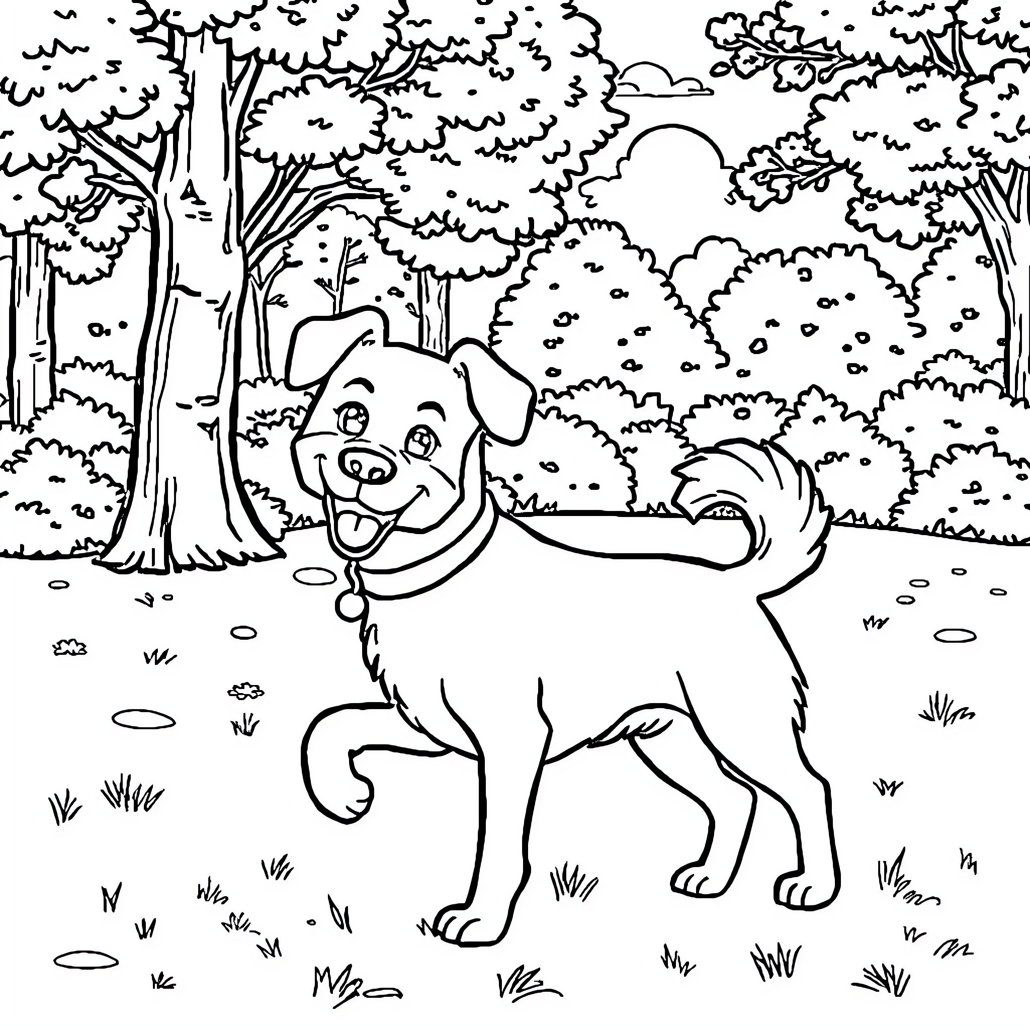 Dog enjoying a walk in the forest Coloring Page (free black-and-white line drawing printable PDF for all, from beginners to advanced learners, including children, teens, adults, and seniors)