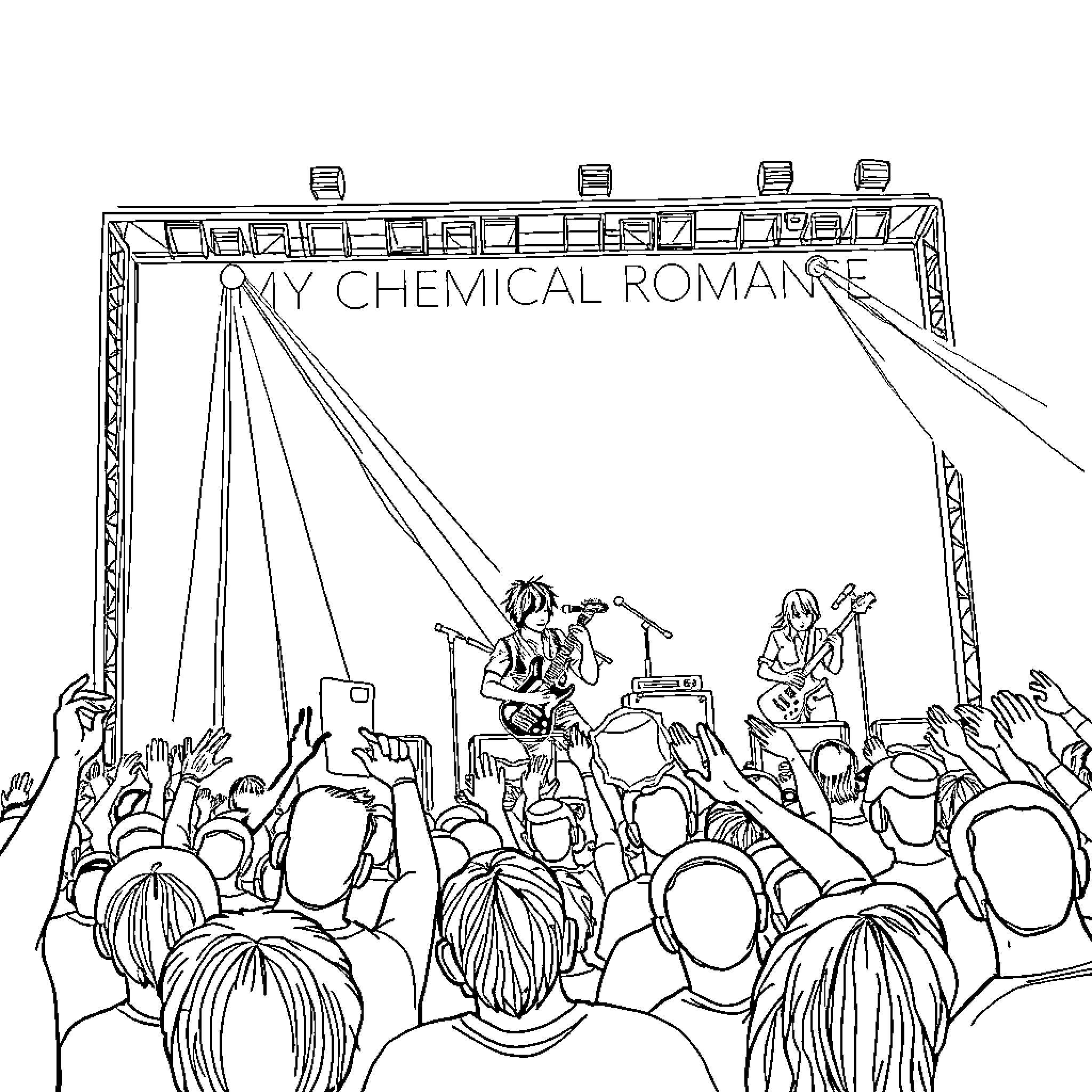 My Chemical Romance performing on stage for energetic crowd Coloring Page (free black-and-white line drawing printable PDF for all, from beginners to advanced learners, including children, teens, adults, and seniors)