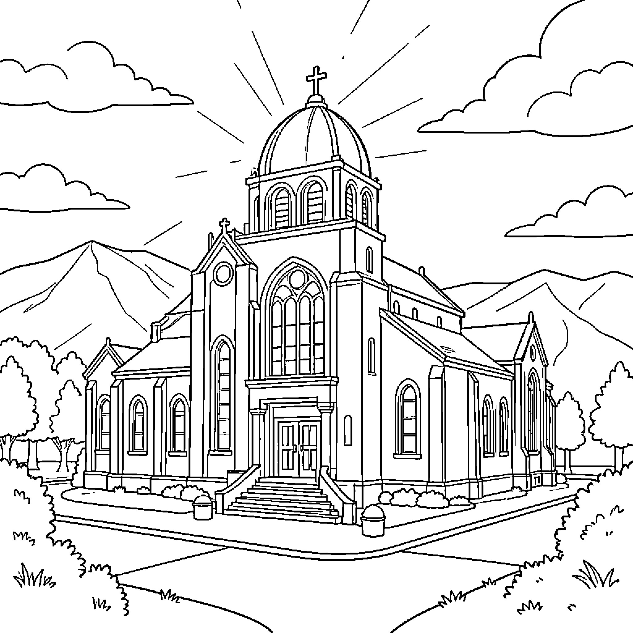 Temple with Ornate Architecture and Sunlit Spire Coloring Page (free black-and-white line drawing printable PDF for all, from beginners to advanced learners, including children, teens, adults, and seniors)