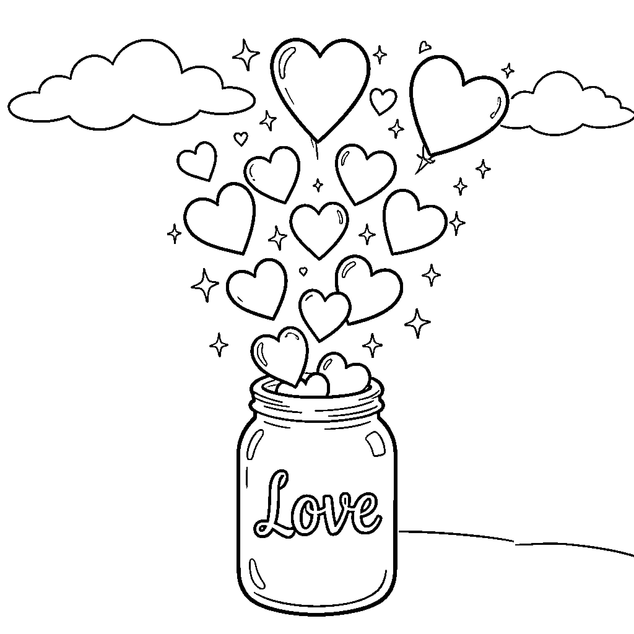 Heart shapes floating out of a love jar Coloring Page (free black-and-white line drawing printable PDF for all, from beginners to advanced learners, including children, teens, adults, and seniors)