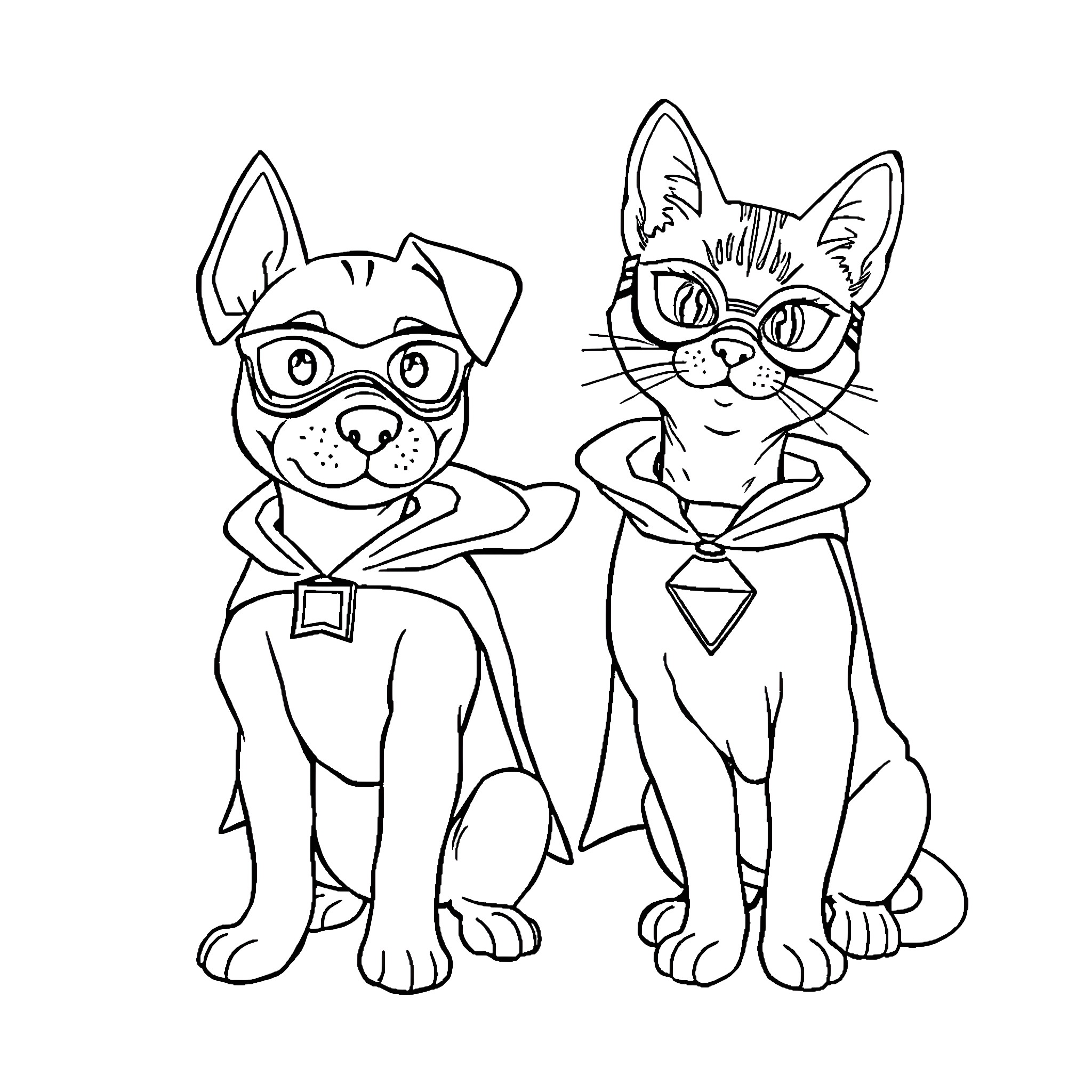 Pet superheroes in costume Coloring Page (free black-and-white line drawing printable PDF for all, from beginners to advanced learners, including children, teens, adults, and seniors)