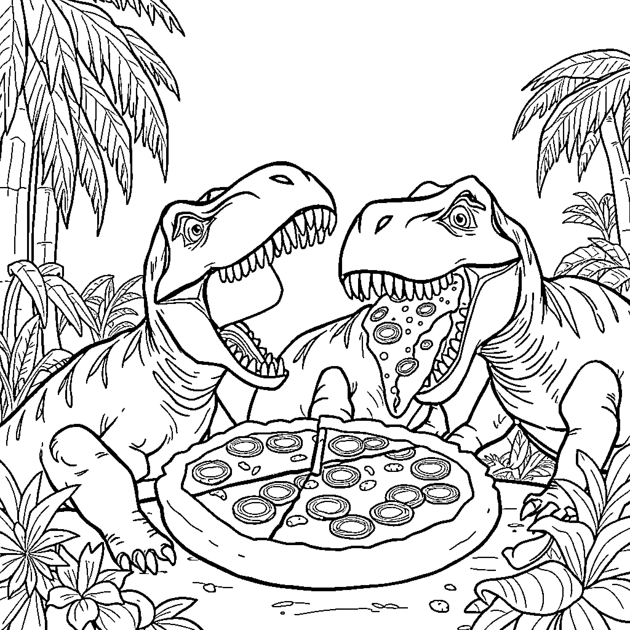 Dinosaurs enjoying a pizza picnic in the jungle Coloring Page (free black-and-white line drawing printable PDF for all, from beginners to advanced learners, including children, teens, adults, and seniors)