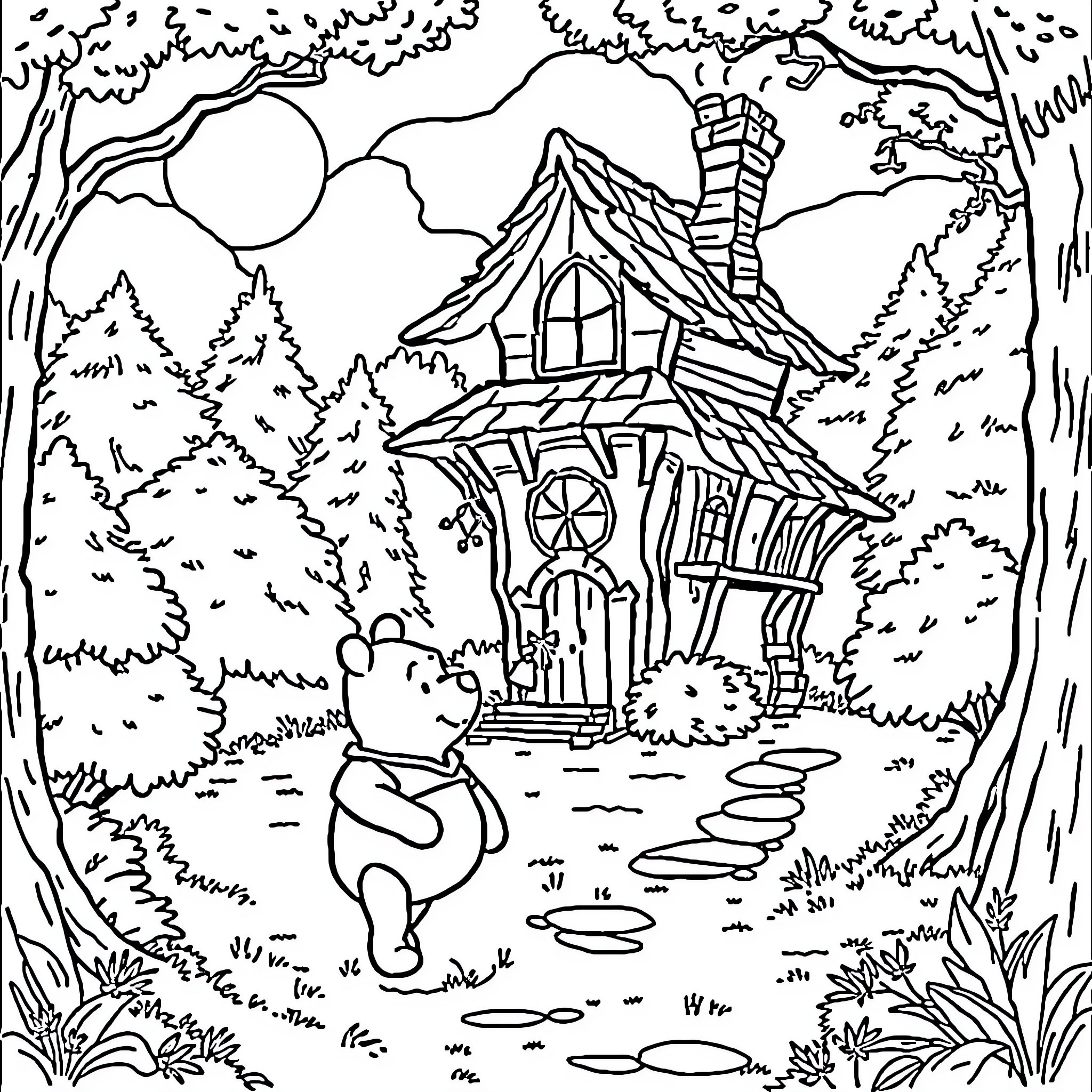 Winnie The Pooh exploring a whimsical cottage in the forest Coloring Page (free black-and-white line drawing printable PDF for all, from beginners to advanced learners, including children, teens, adults, and seniors)