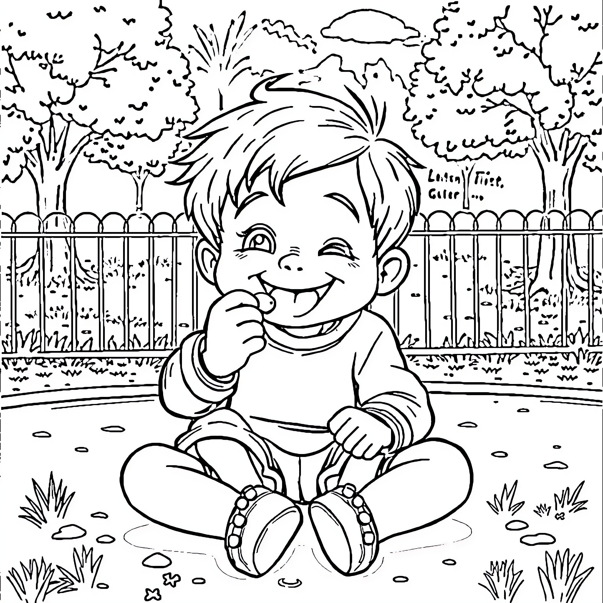 Kid playing joyfully in the backyard Coloring Page (free black-and-white line drawing printable PDF for all, from beginners to advanced learners, including children, teens, adults, and seniors)