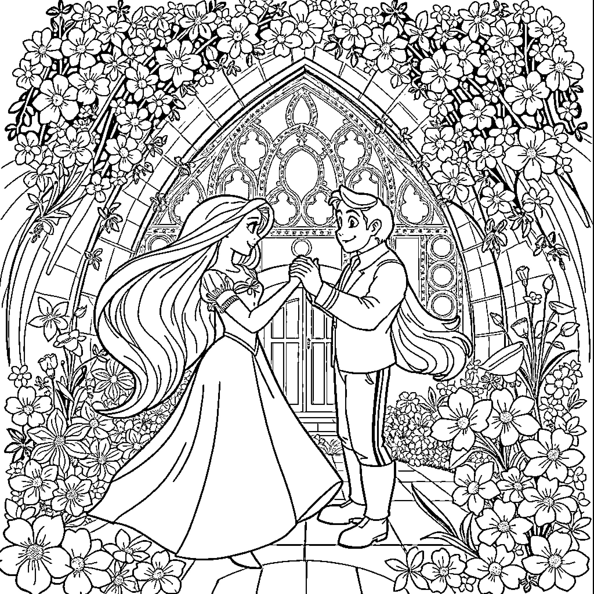 Rapunzel's Enchanted Castle Wedding Coloring Page (free black-and-white line drawing printable PDF for all, from beginners to advanced learners, including children, teens, adults, and seniors)
