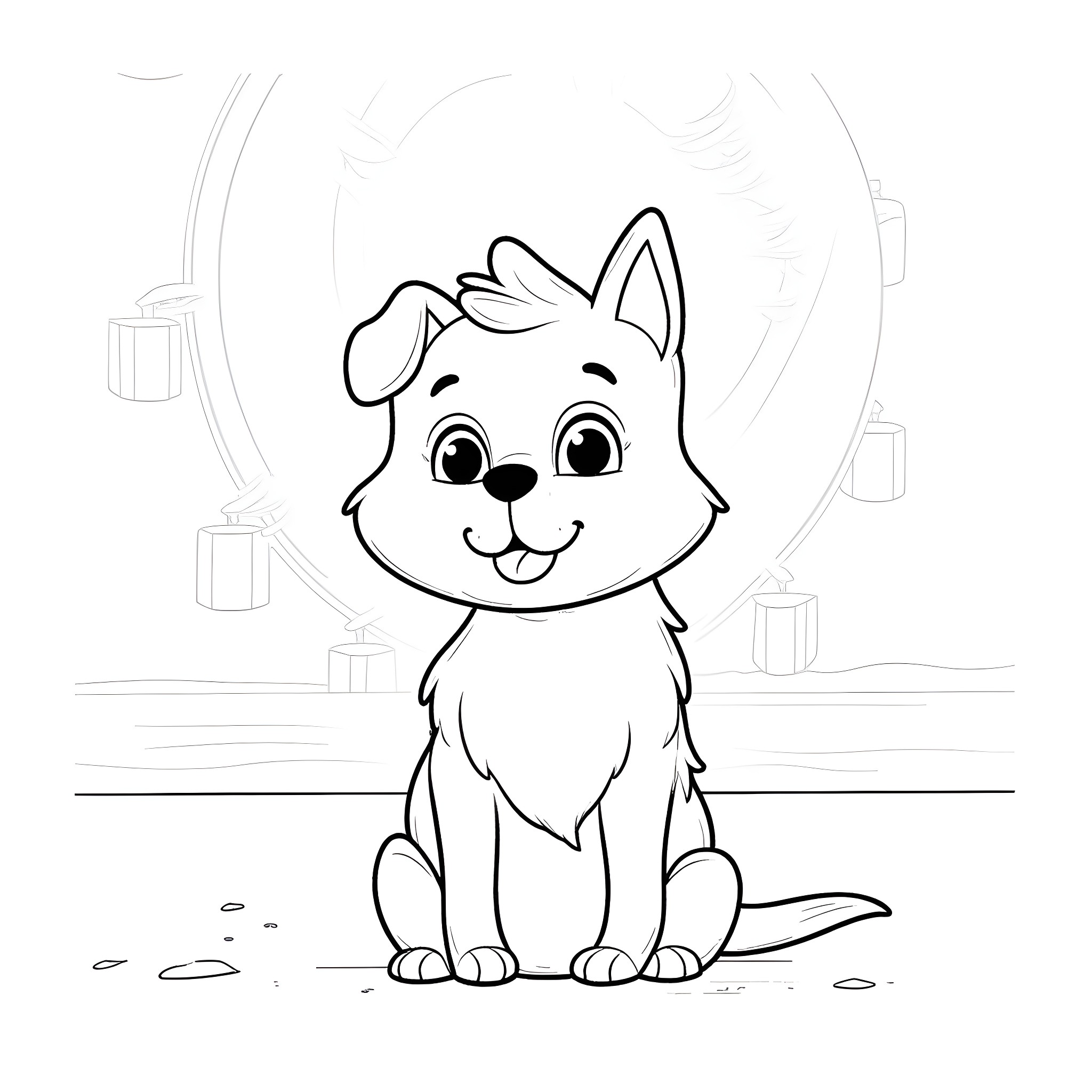 Dog sitting happily in the park Coloring Page (free black-and-white line drawing printable PDF for all, from beginners to advanced learners, including children, teens, adults, and seniors)
