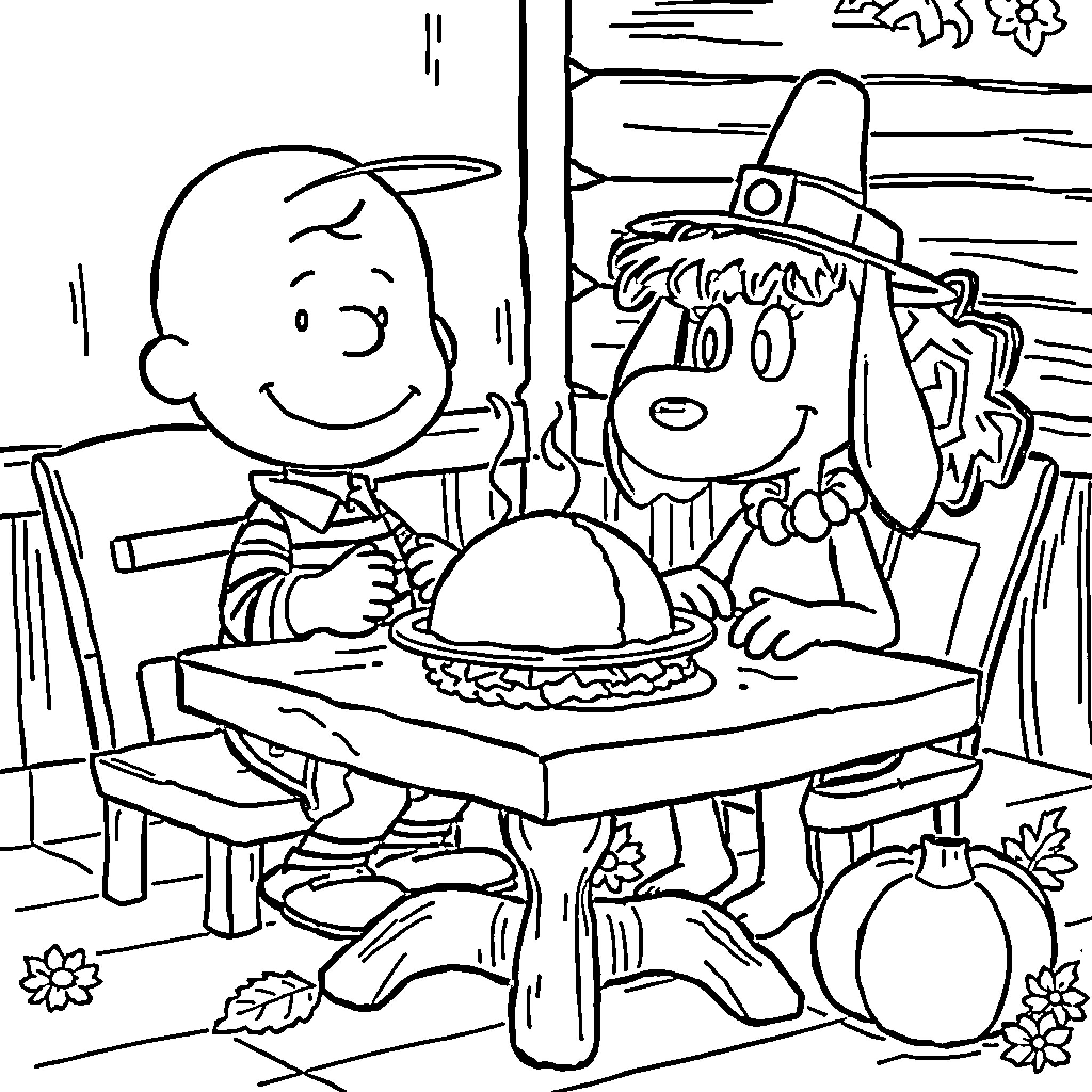 Charlie Brown and Sally Enjoying Thanksgiving Dinner Coloring Page (free black-and-white line drawing printable PDF for all, from beginners to advanced learners, including children, teens, adults, and seniors)