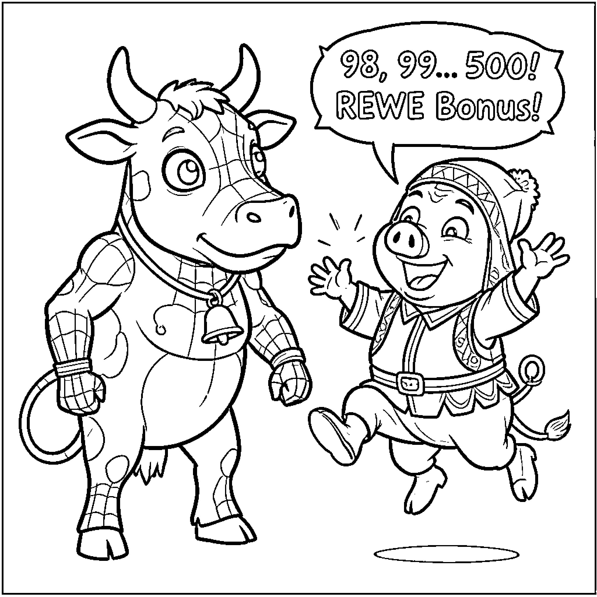Spiderman and cow celebrating REWE Bonus Coloring Page (free black-and-white line drawing printable PDF for all, from beginners to advanced learners, including children, teens, adults, and seniors)