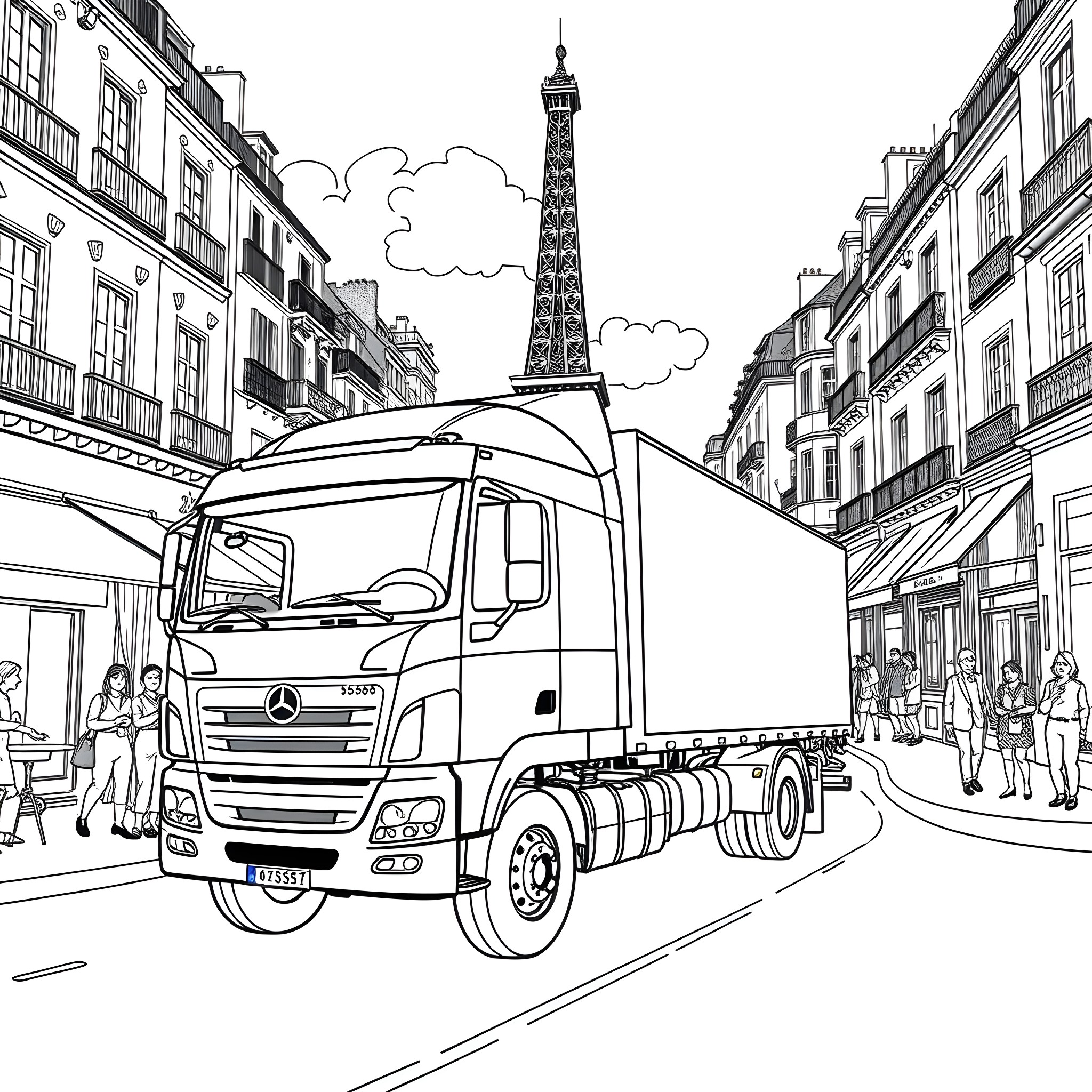 Truck Transporting Goods in Parisian Street Coloring Page (free black-and-white line drawing printable PDF for all, from beginners to advanced learners, including children, teens, adults, and seniors)