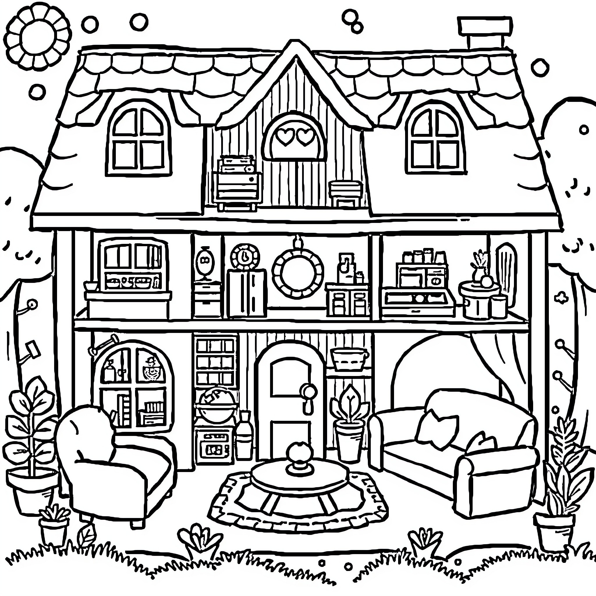 Gabby Dollhouse with Cozy Interiors and Furnishings Coloring Page (free black-and-white line drawing printable PDF for all, from beginners to advanced learners, including children, teens, adults, and seniors)