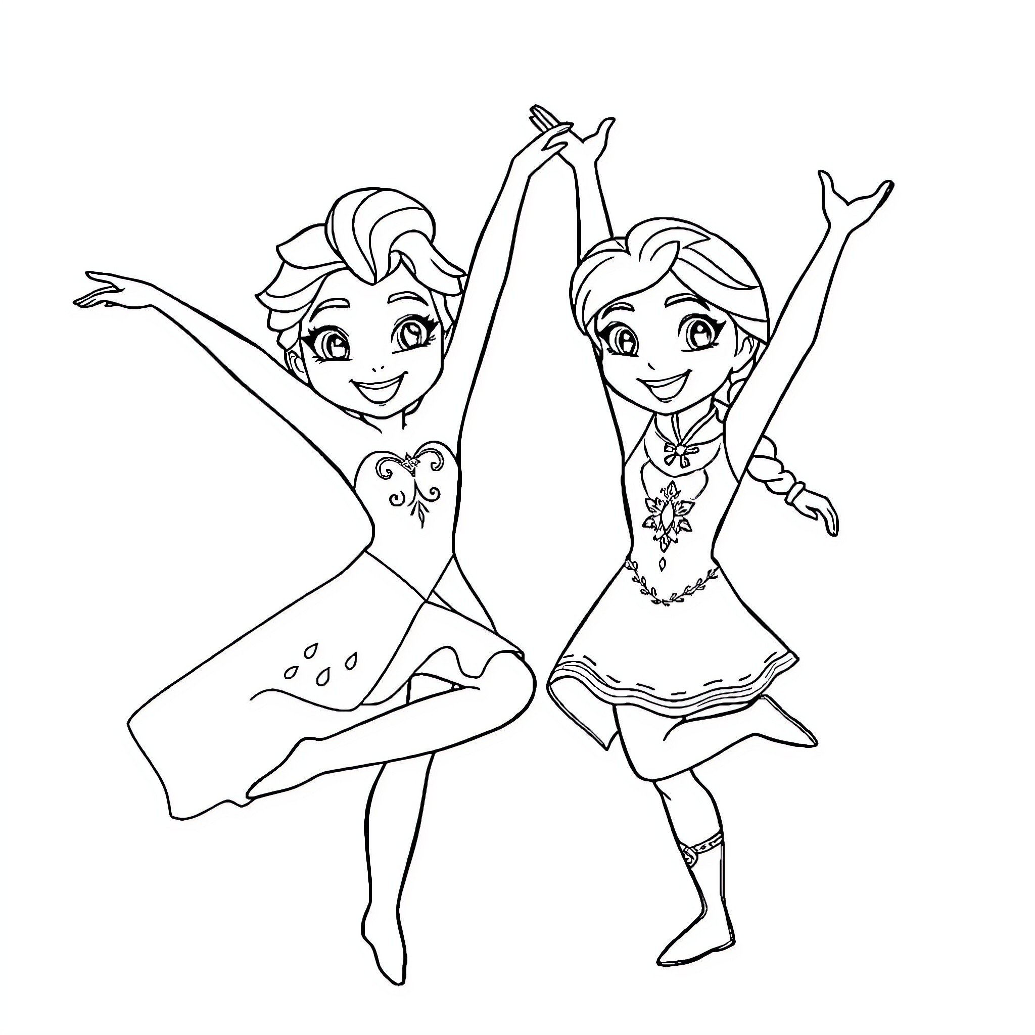 Elsa and Anna Joyfully Dancing Coloring Page (free black-and-white line drawing printable PDF for all, from beginners to advanced learners, including children, teens, adults, and seniors)