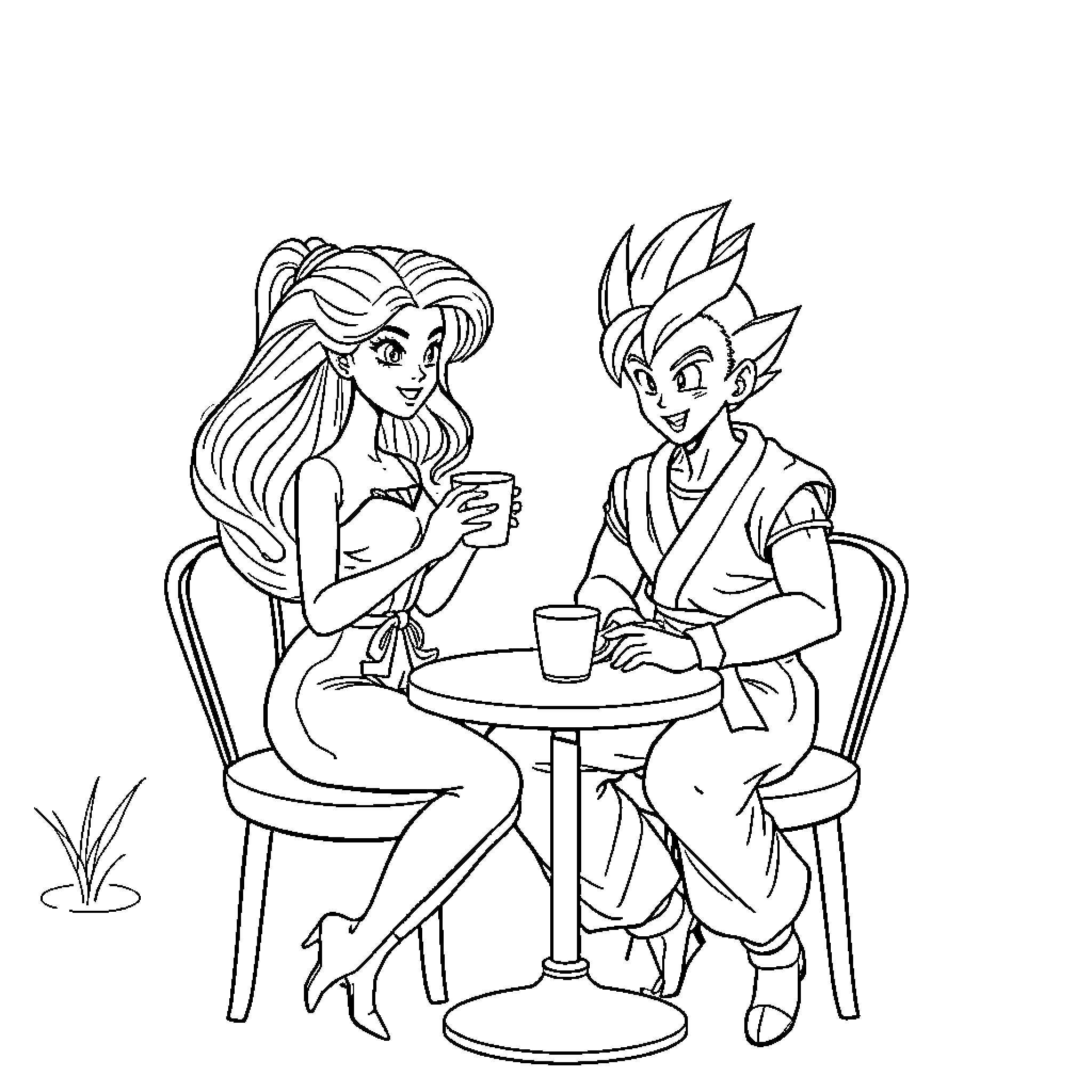 Barbie and Ken enjoying coffee together Coloring Page (free black-and-white line drawing printable PDF for all, from beginners to advanced learners, including children, teens, adults, and seniors)