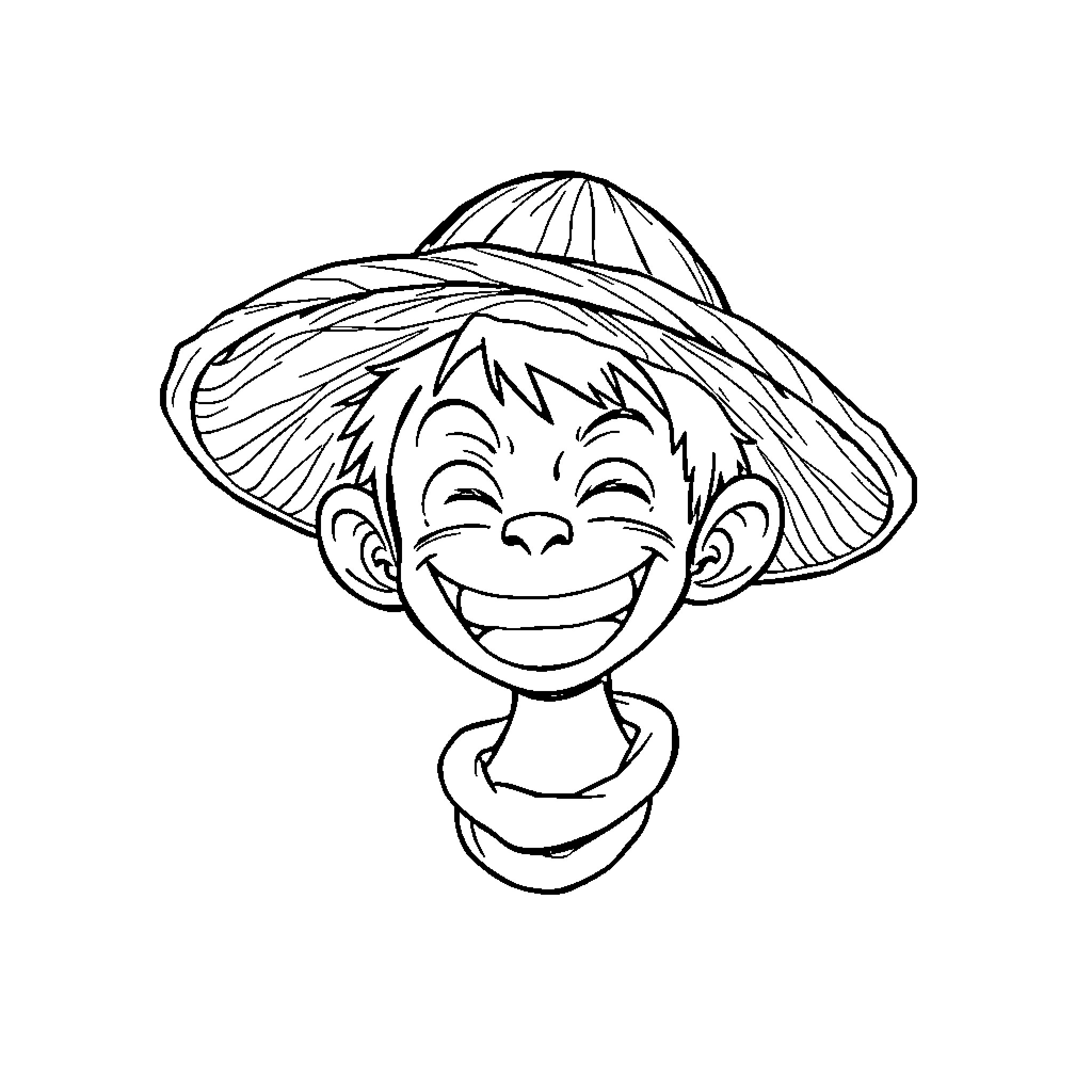 Luffy's Joyful Expression in Straw Hat Coloring Page (free black-and-white line drawing printable PDF for all, from beginners to advanced learners, including children, teens, adults, and seniors)