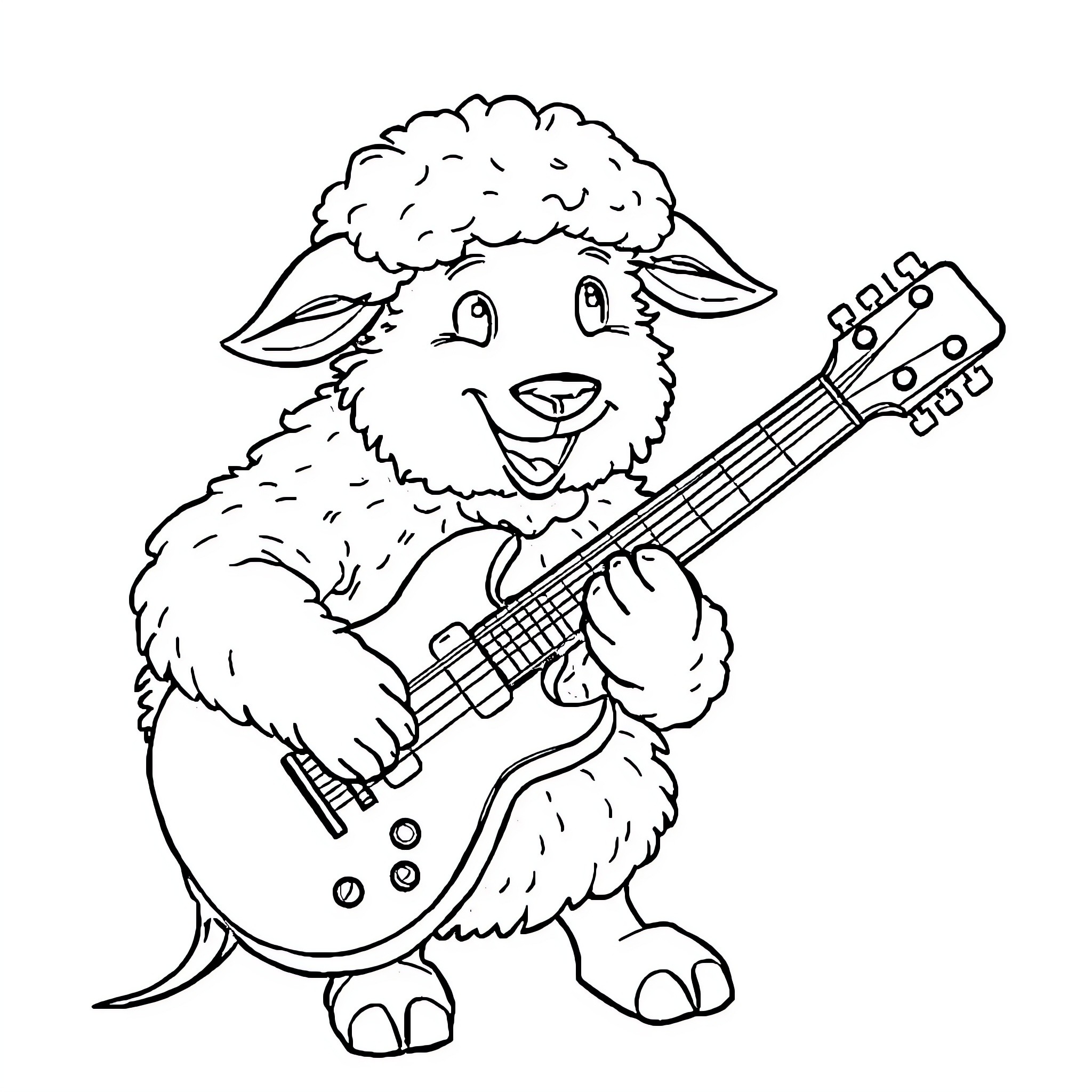 Sheep Dog Playing Guitar Joyfully Coloring Page (free black-and-white line drawing printable PDF for all, from beginners to advanced learners, including children, teens, adults, and seniors)