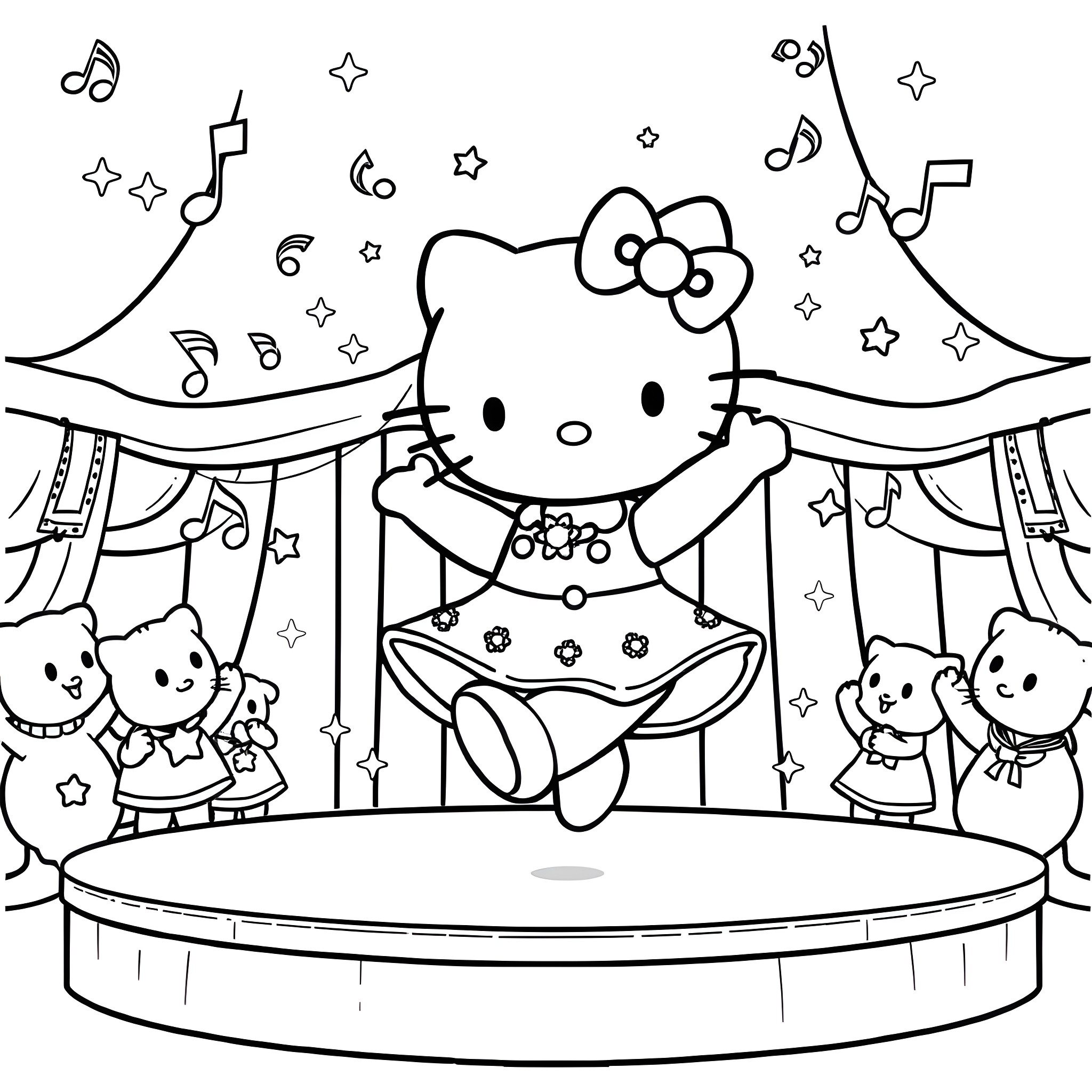 Hello Kitty Performing on Stage with Friends Coloring Page (free black-and-white line drawing printable PDF for all, from beginners to advanced learners, including children, teens, adults, and seniors)
