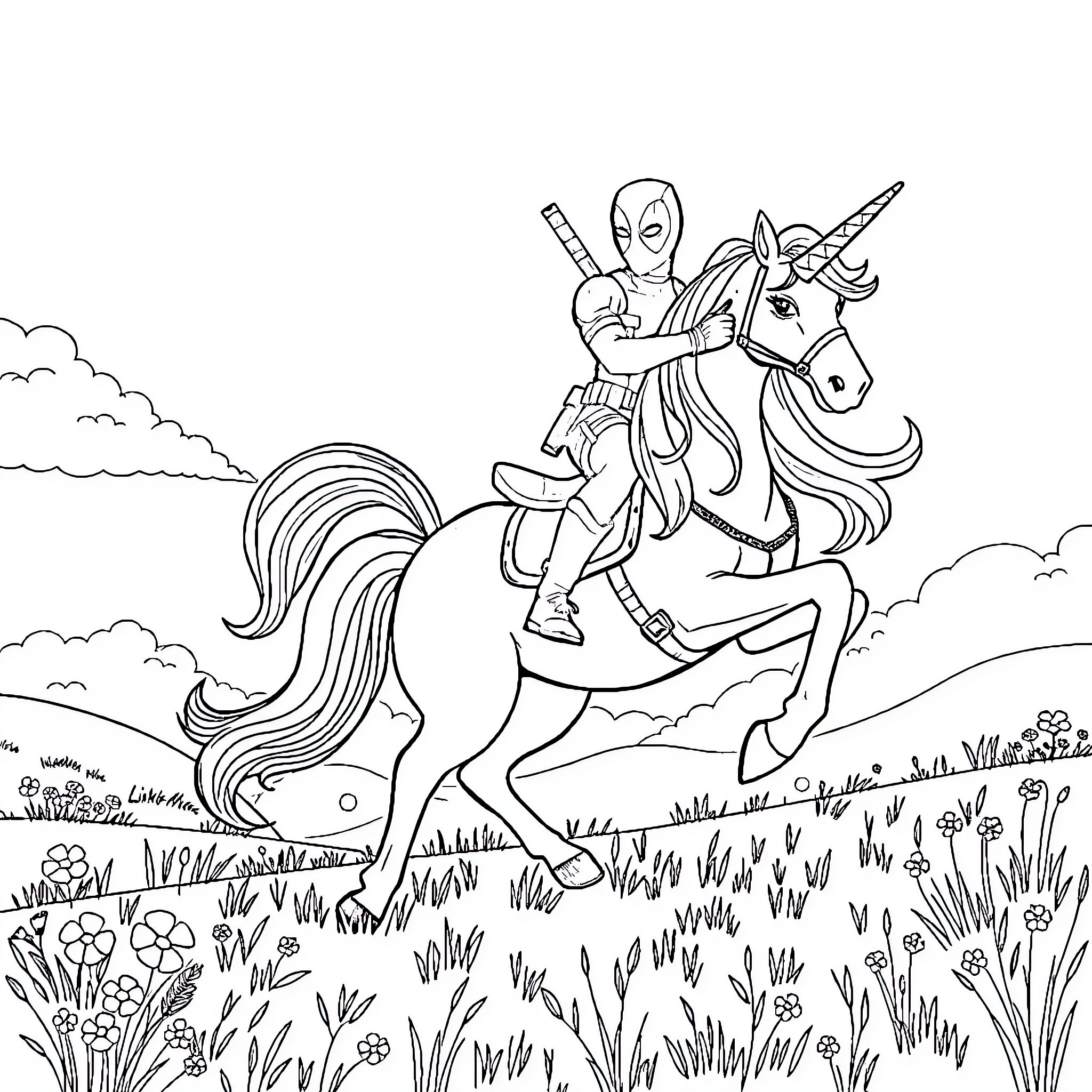 Deadpool's Fantastical Unicorn Escapade Coloring Page (free black-and-white line drawing printable PDF for all, from beginners to advanced learners, including children, teens, adults, and seniors)