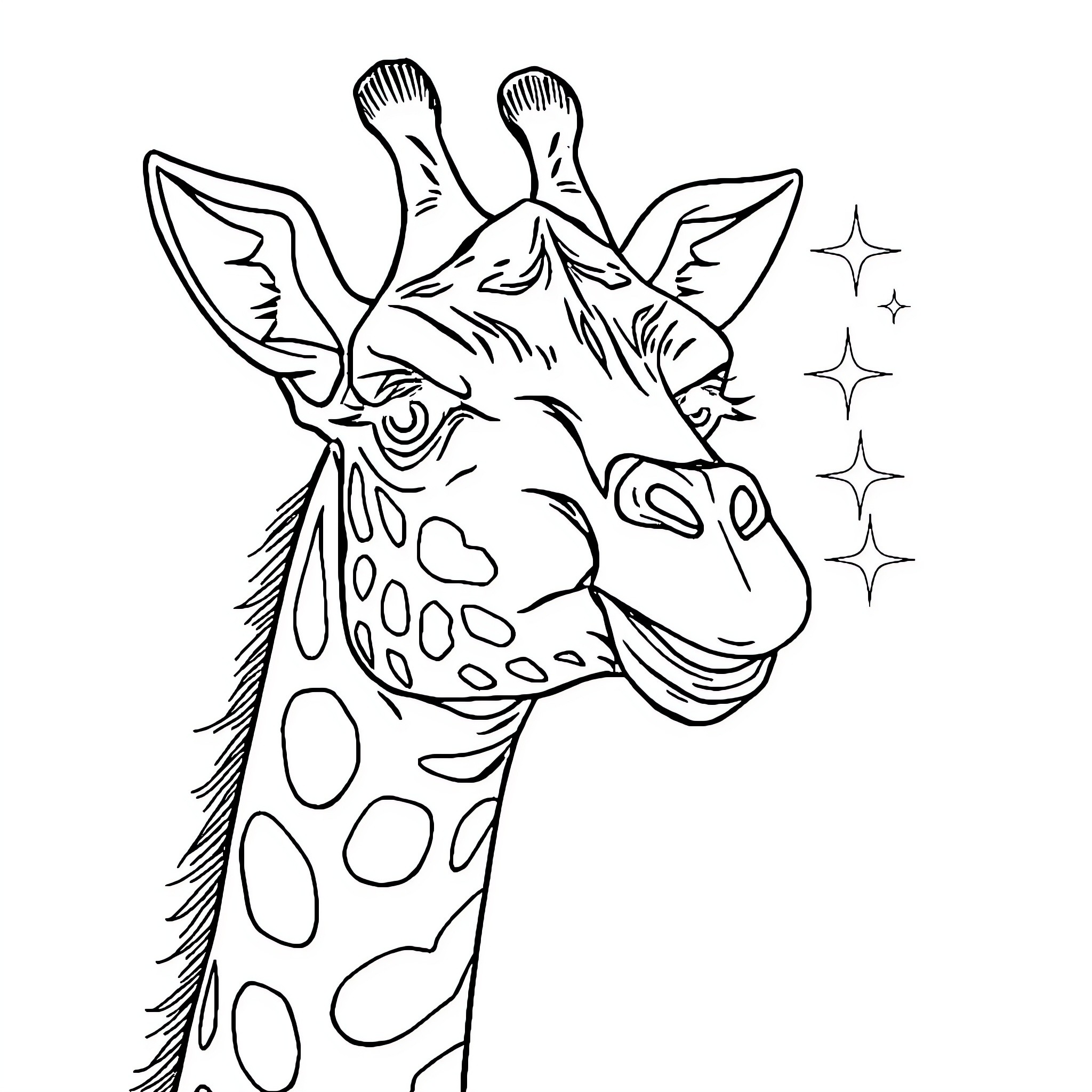 Giraffe with a Whimsical Expression Coloring Page (free black-and-white line drawing printable PDF for all, from beginners to advanced learners, including children, teens, adults, and seniors)