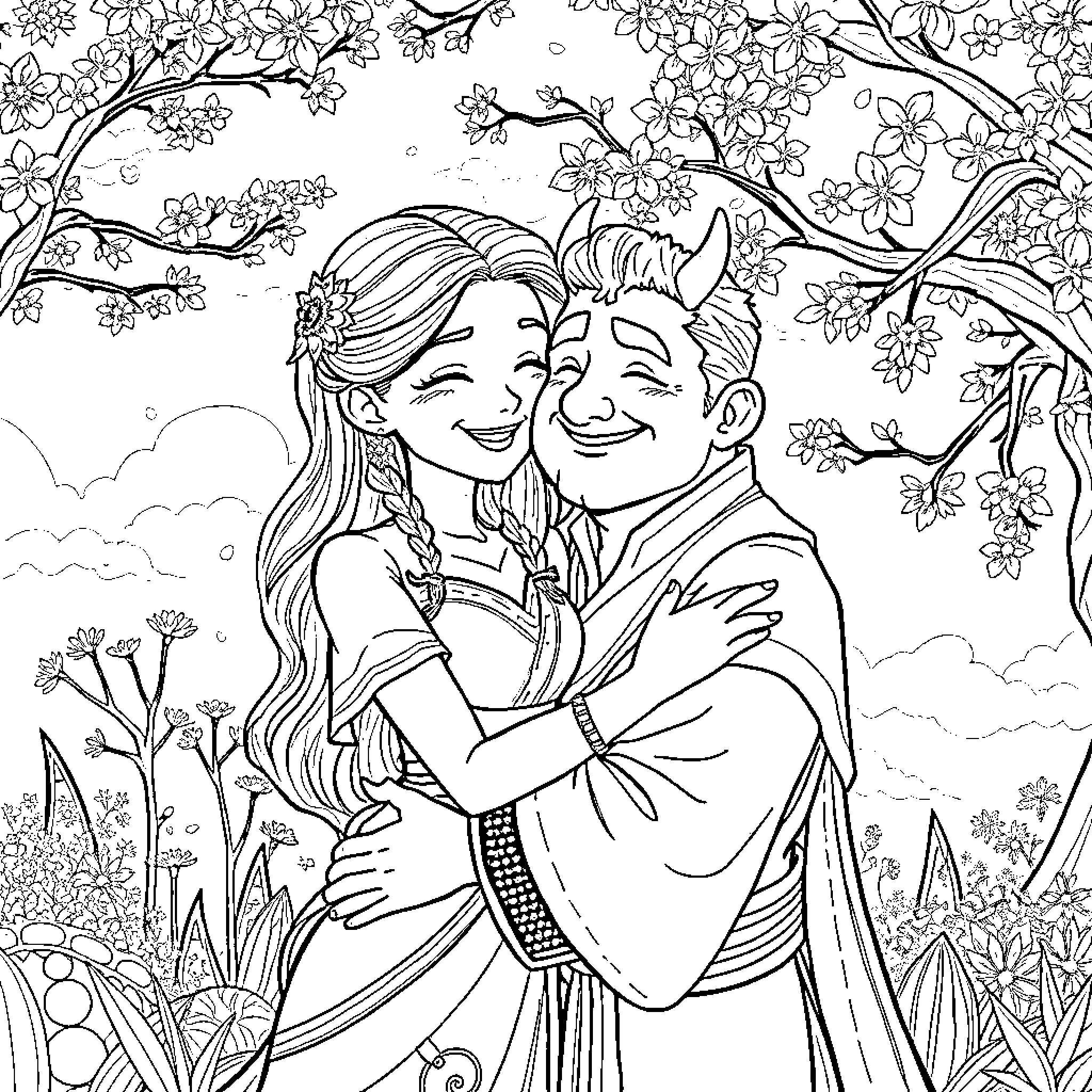 Raya and her beloved enjoying a spring day Coloring Page (free black-and-white line drawing printable PDF for all, from beginners to advanced learners, including children, teens, adults, and seniors)