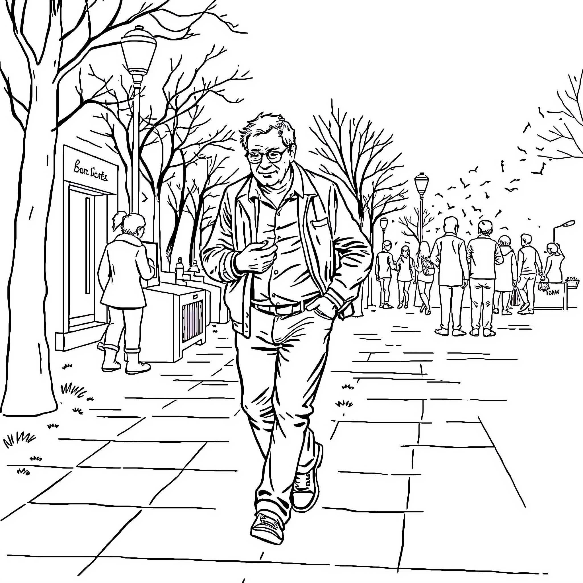 Homme walking along the city street in autumn Coloring Page (free black-and-white line drawing printable PDF for all, from beginners to advanced learners, including children, teens, adults, and seniors)