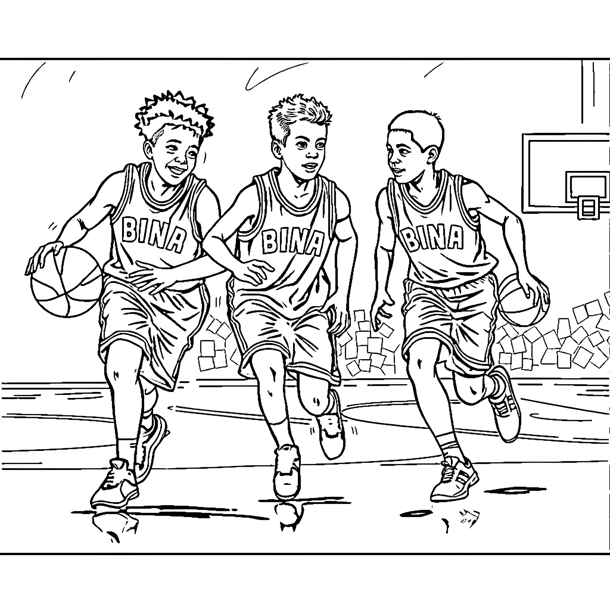 Basketball players in action on the court Coloring Page (free black-and-white line drawing printable PDF for all, from beginners to advanced learners, including children, teens, adults, and seniors)
