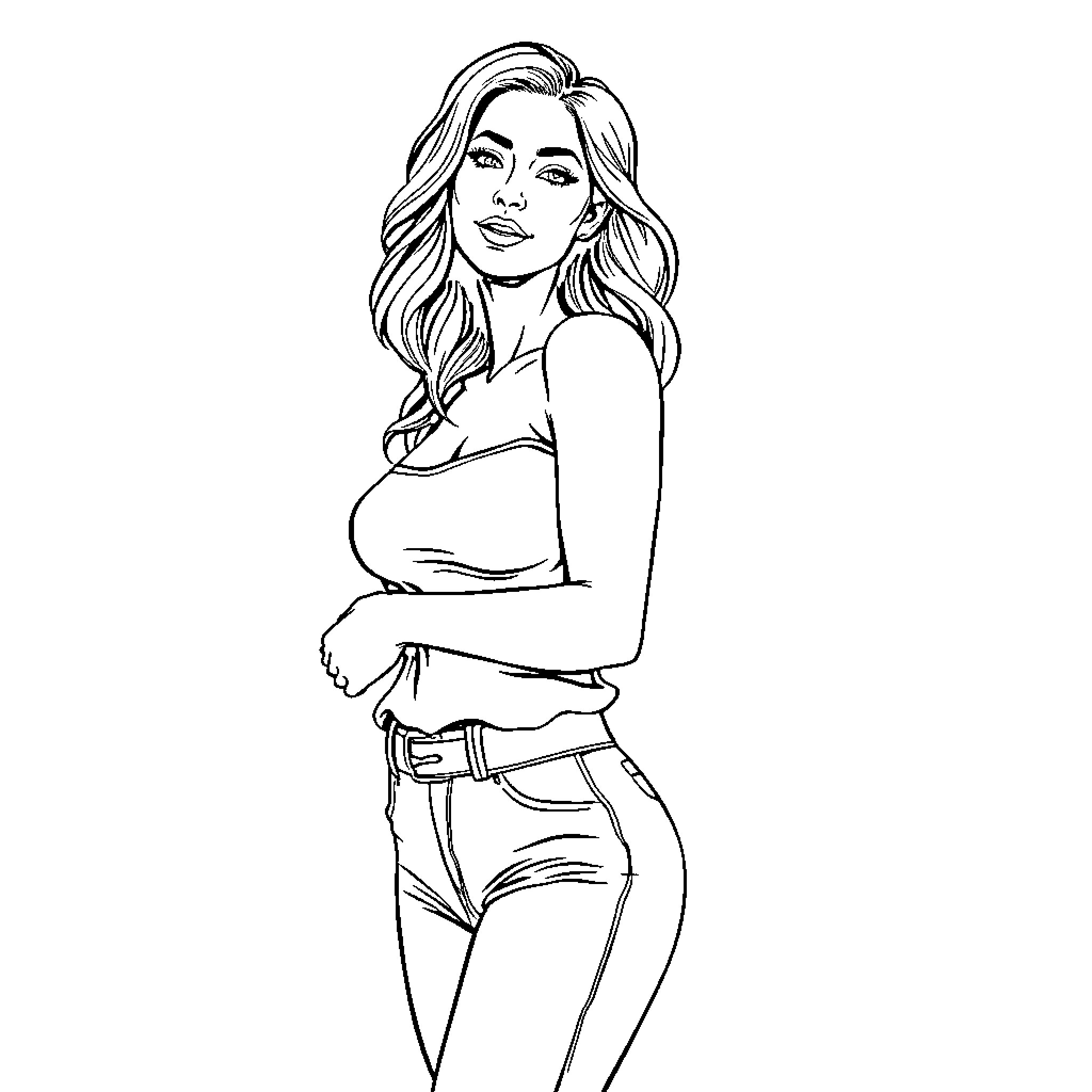 Woman posing confidently in casual outfit Coloring Page (free black-and-white line drawing printable PDF for all, from beginners to advanced learners, including children, teens, adults, and seniors)