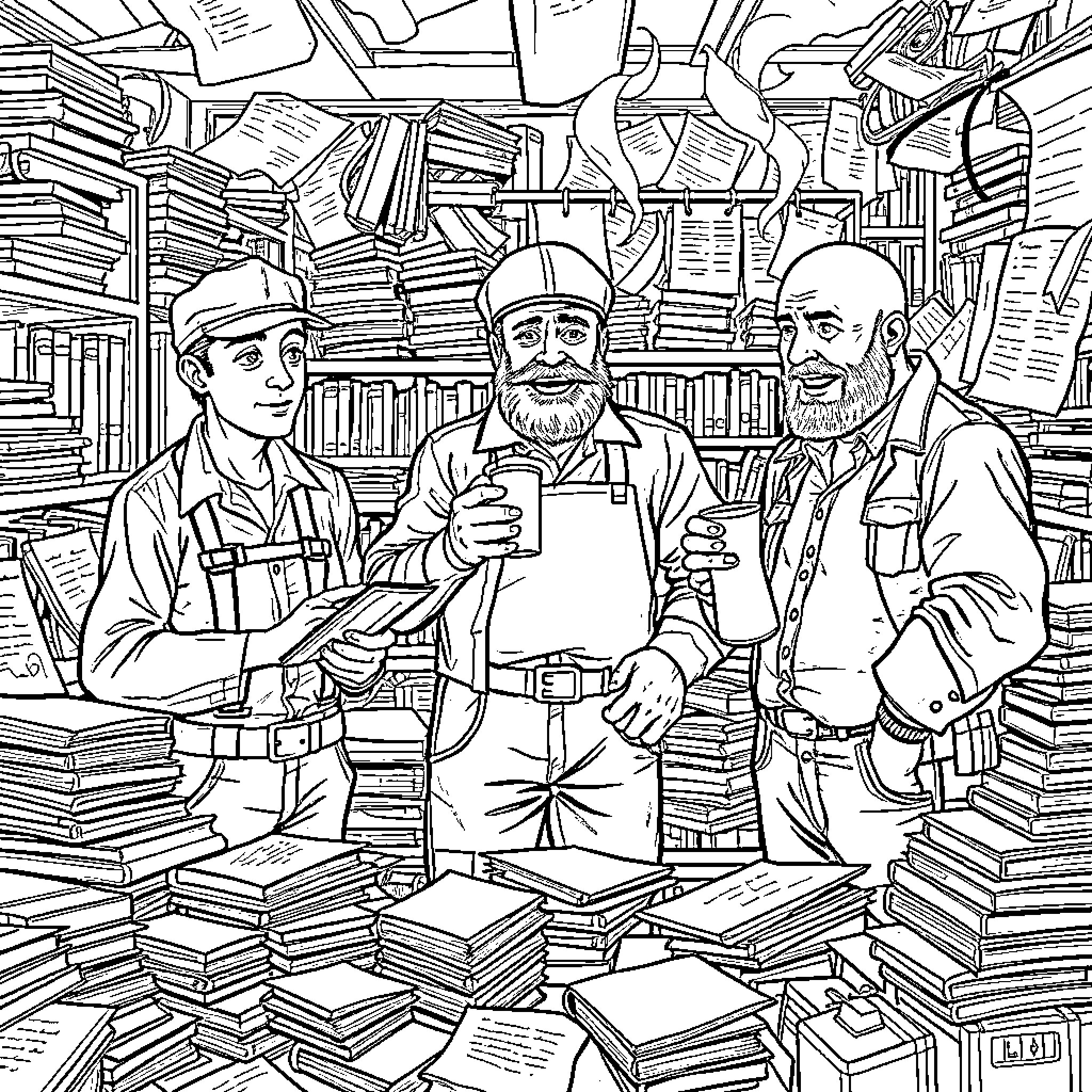 Man Works in Cluttered Book-Filled Workshop Coloring Page (free black-and-white line drawing printable PDF for all, from beginners to advanced learners, including children, teens, adults, and seniors)