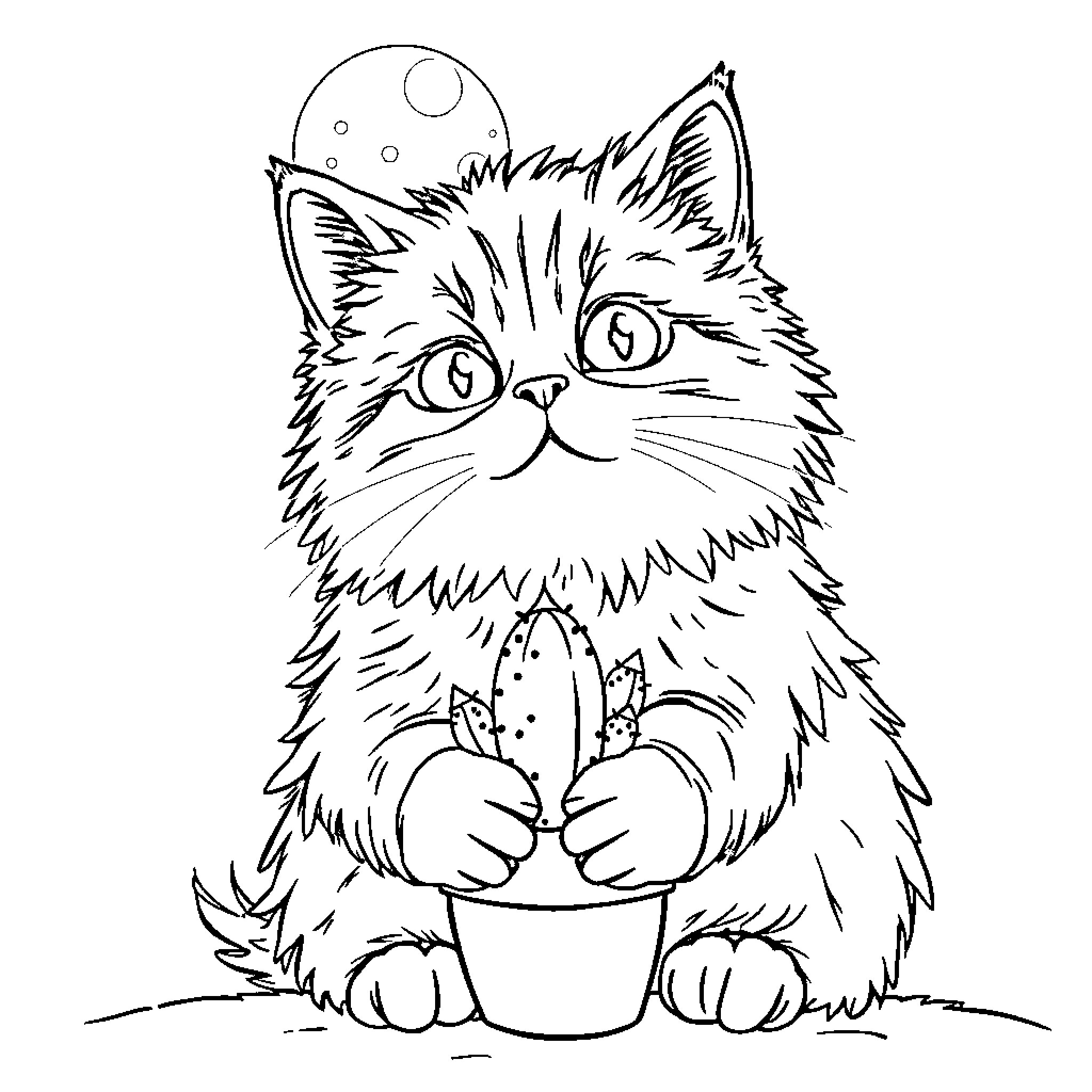 Cat sitting with potted plant Coloring Page (free black-and-white line drawing printable PDF for all, from beginners to advanced learners, including children, teens, adults, and seniors)