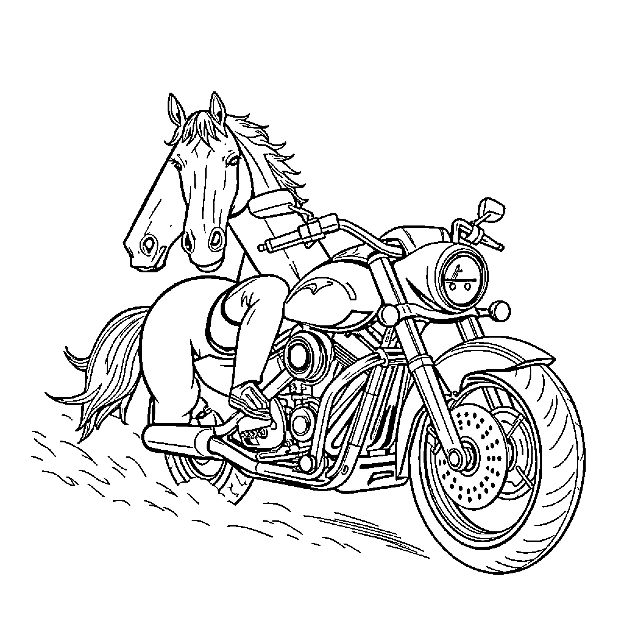 Horse pulling motorcycle on the road Coloring Page (free black-and-white line drawing printable PDF for all, from beginners to advanced learners, including children, teens, adults, and seniors)