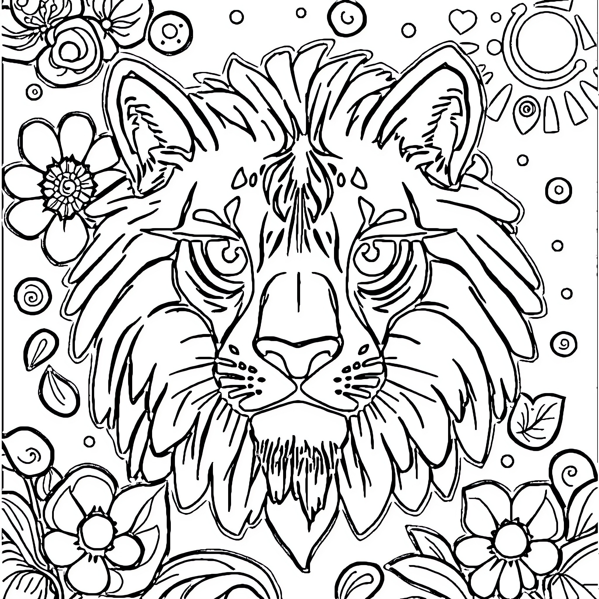 Vibrant floral design with a bold tiger portrait Coloring Page (free black-and-white line drawing printable PDF for all, from beginners to advanced learners, including children, teens, adults, and seniors)