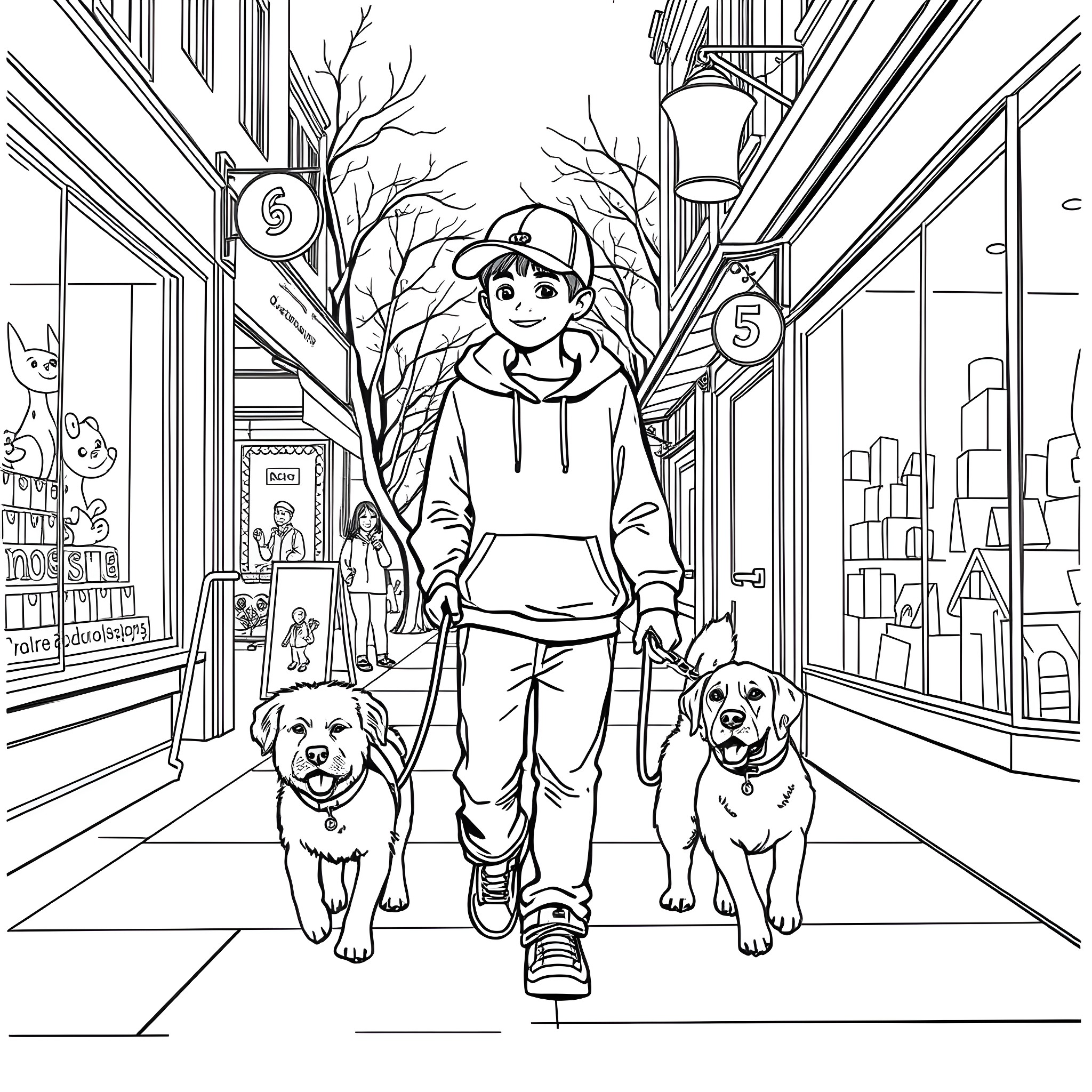 Teen Boy Walking Dogs on City Street Coloring Page (free black-and-white line drawing printable PDF for all, from beginners to advanced learners, including children, teens, adults, and seniors)