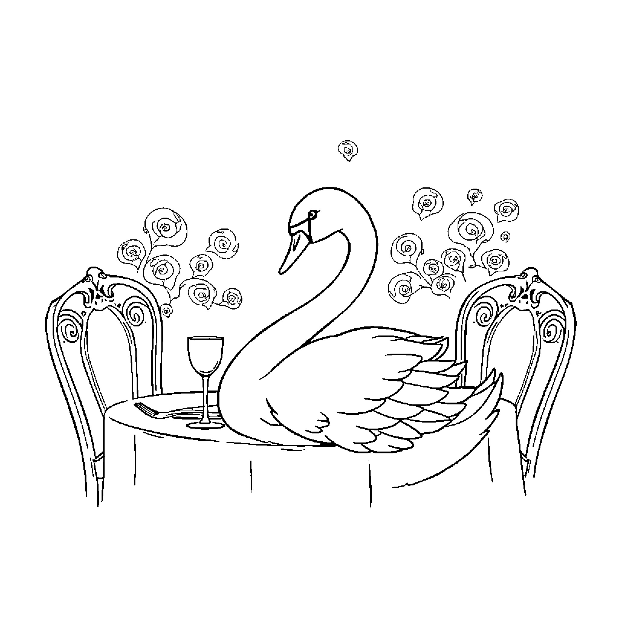 Swan gracefully dining in elegant garden setting Coloring Page (free black-and-white line drawing printable PDF for all, from beginners to advanced learners, including children, teens, adults, and seniors)