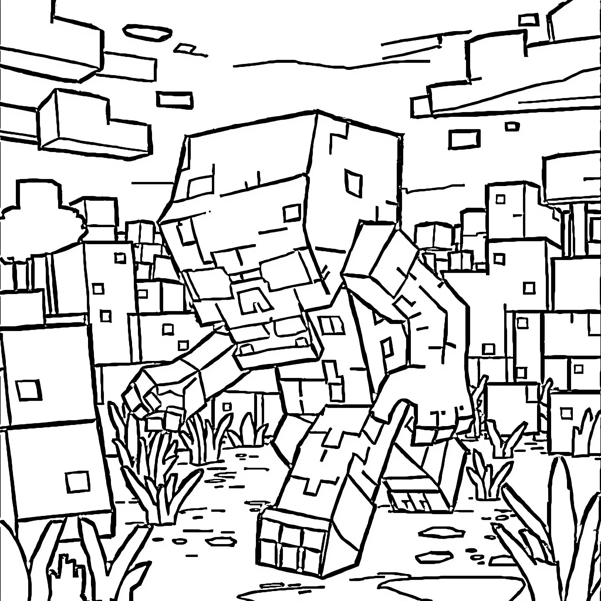 Zombie city in ruins Coloring Page (free black-and-white line drawing printable PDF for all, from beginners to advanced learners, including children, teens, adults, and seniors)