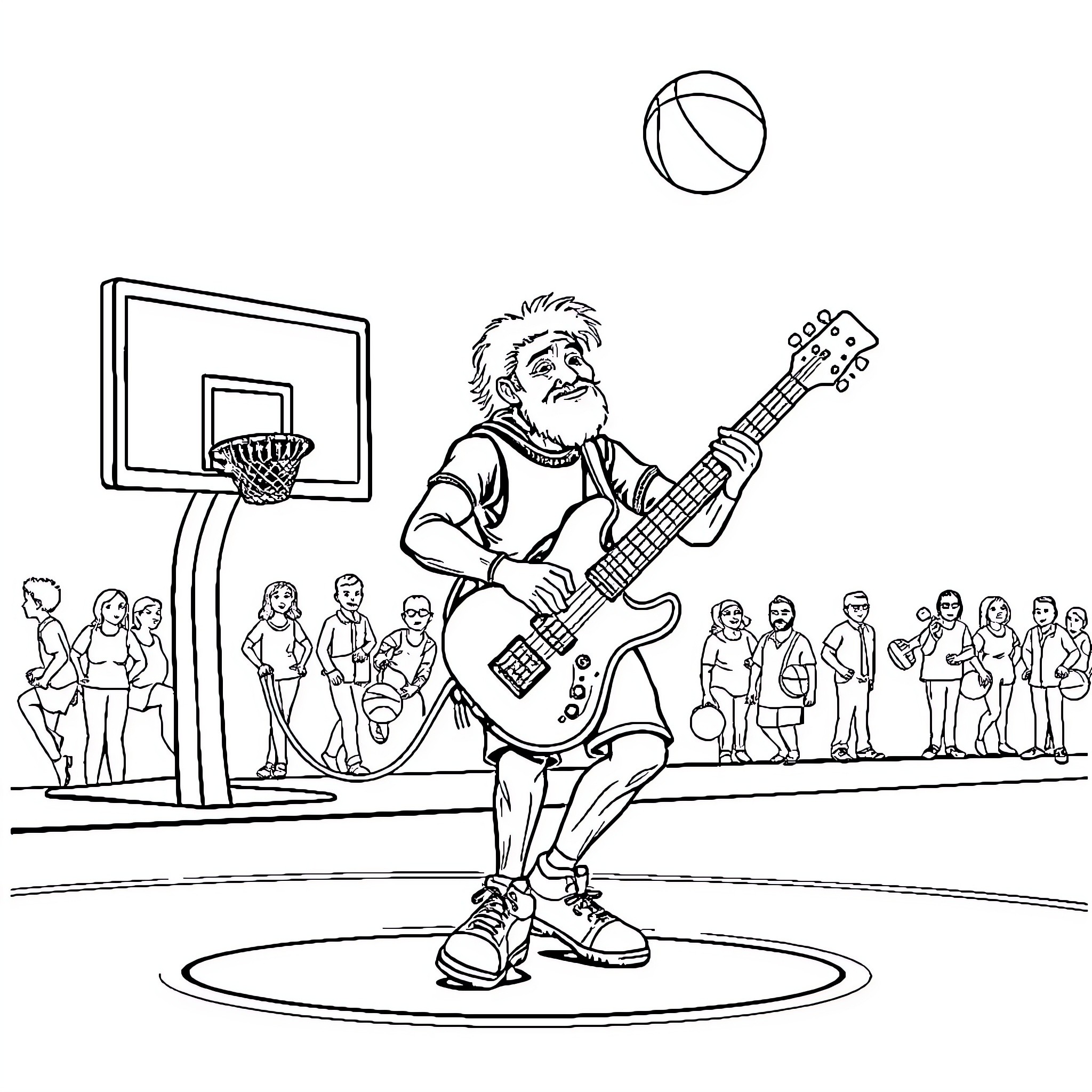 Guitar man performing for cheering crowd Coloring Page (free black-and-white line drawing printable PDF for all, from beginners to advanced learners, including children, teens, adults, and seniors)