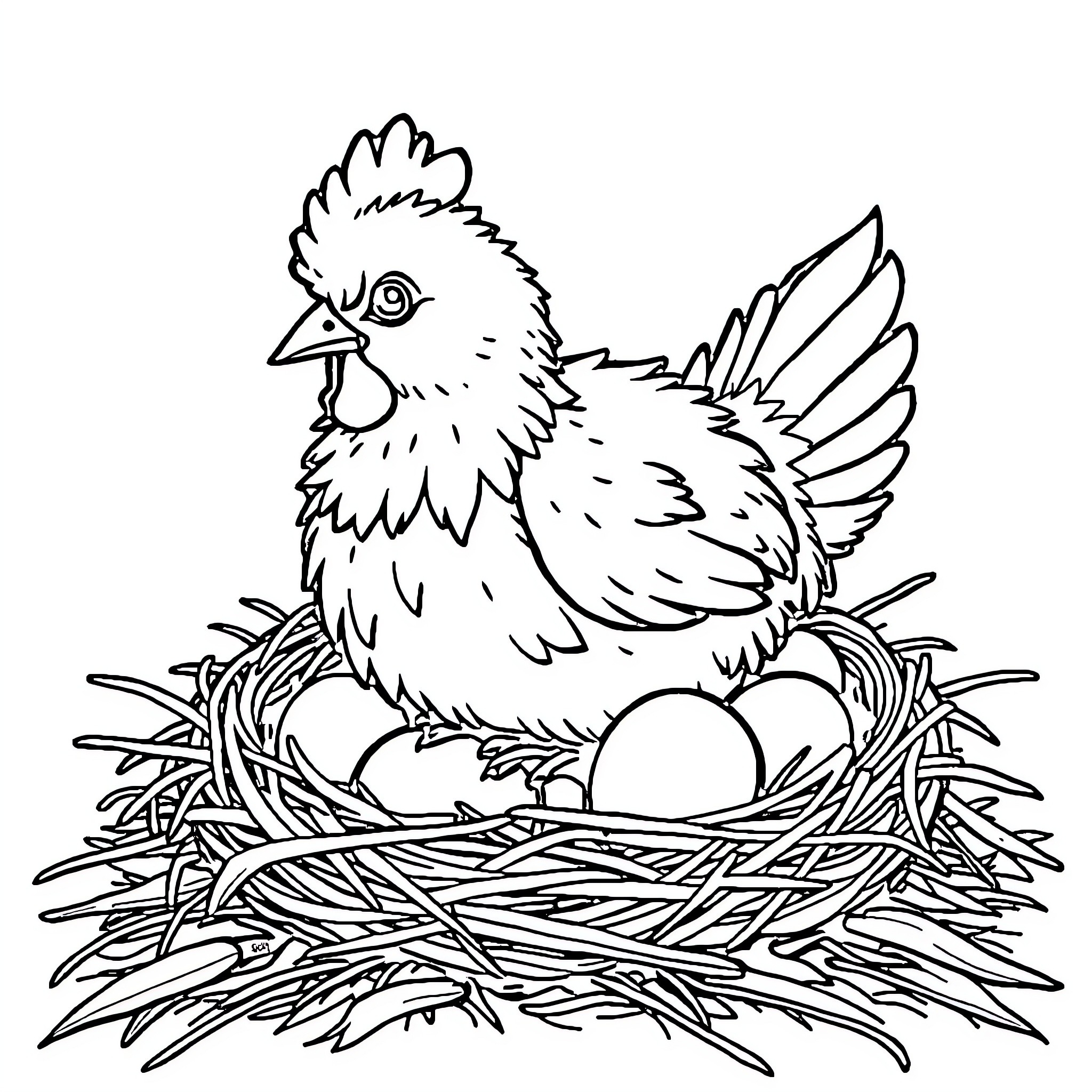 Chicken sitting in nest with eggs Coloring Page (free black-and-white line drawing printable PDF for all, from beginners to advanced learners, including children, teens, adults, and seniors)