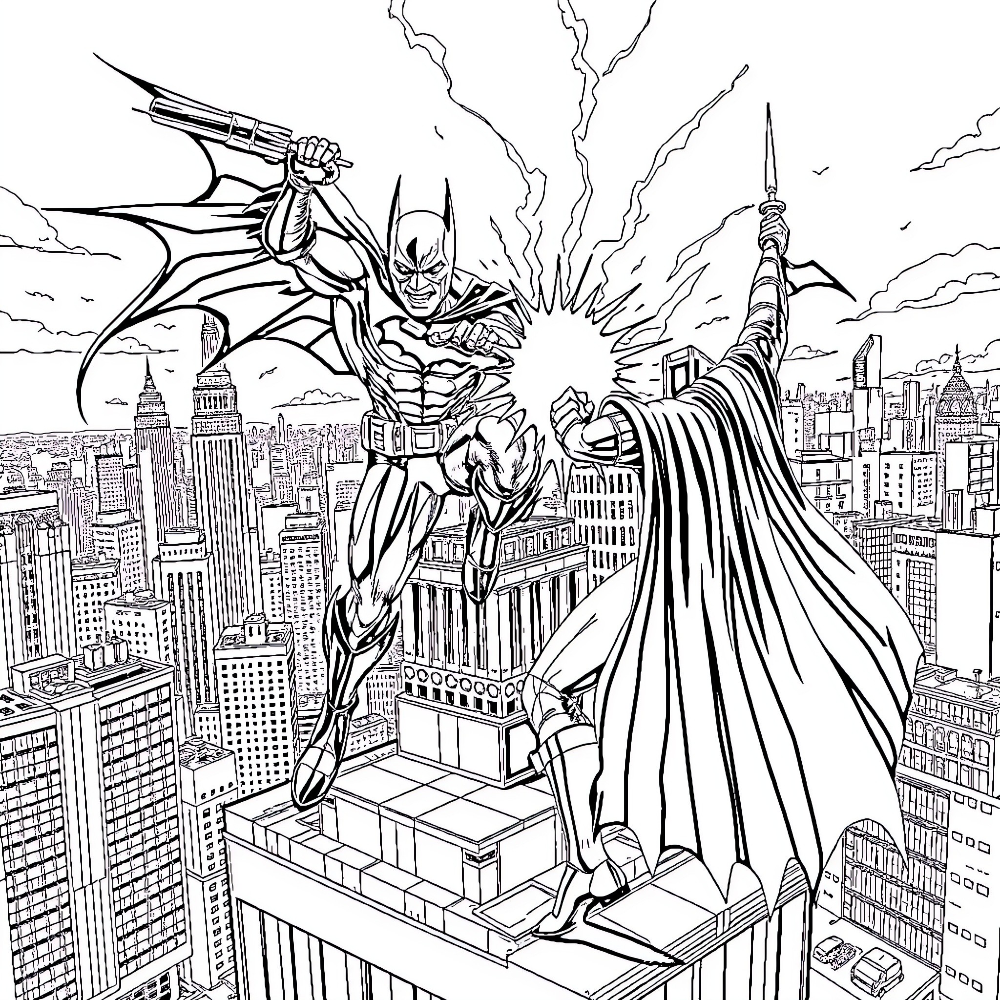 Homelander soaring over the city skyline Coloring Page (free black-and-white line drawing printable PDF for all, from beginners to advanced learners, including children, teens, adults, and seniors)