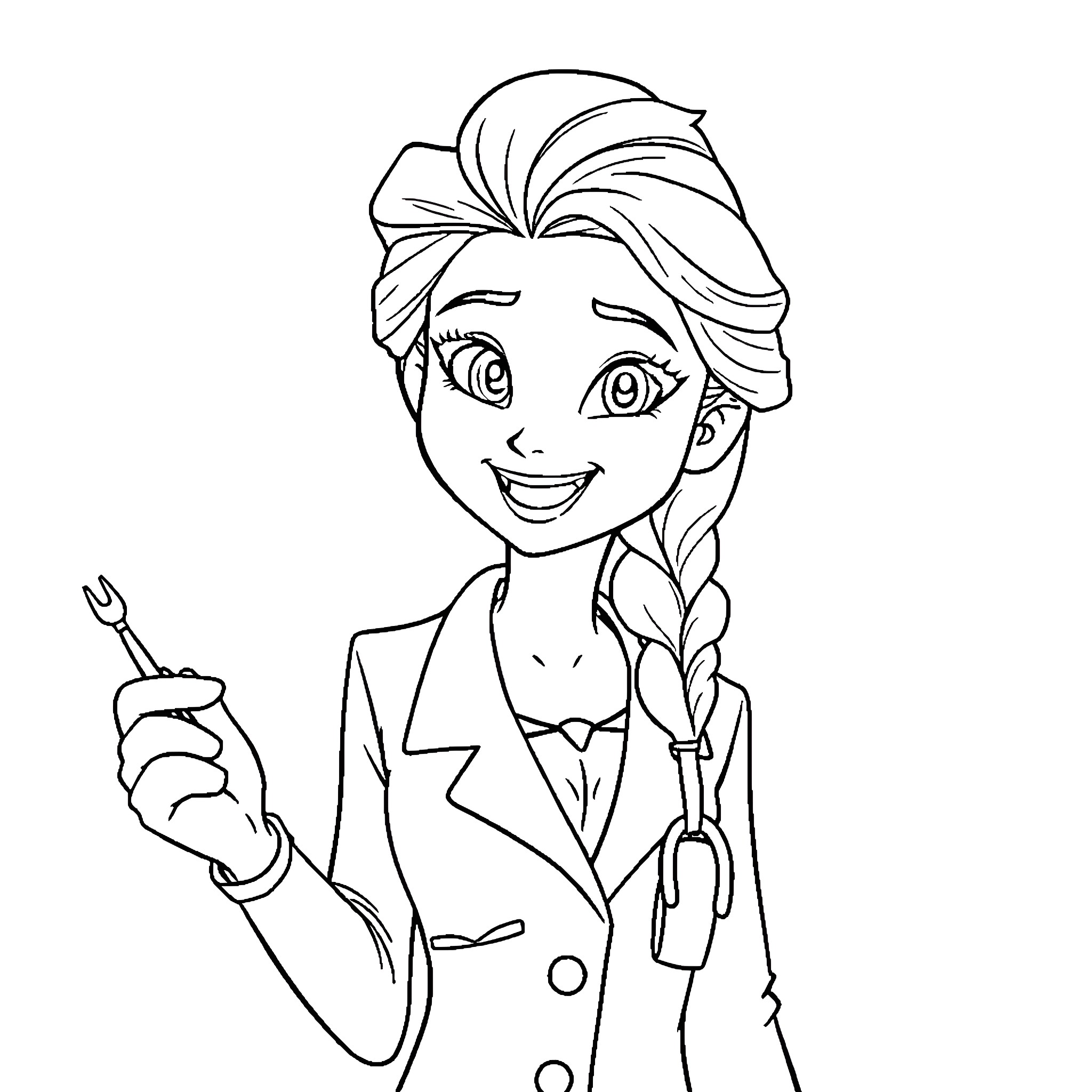 Elsa the Helpful Mechanic Coloring Page (free black-and-white line drawing printable PDF for all, from beginners to advanced learners, including children, teens, adults, and seniors)
