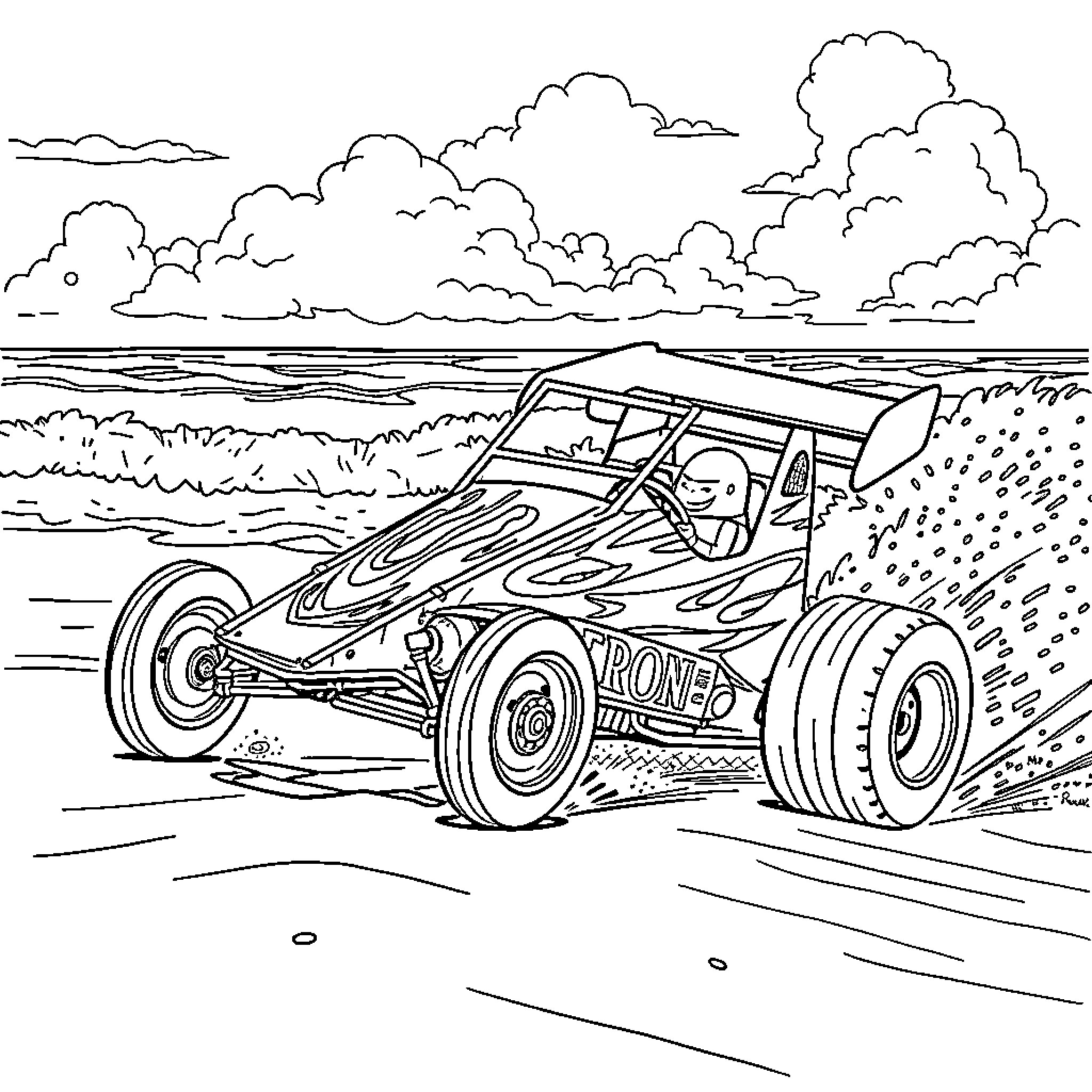 Sprint Car Speeding through Rugged Terrain Coloring Page (free black-and-white line drawing printable PDF for all, from beginners to advanced learners, including children, teens, adults, and seniors)