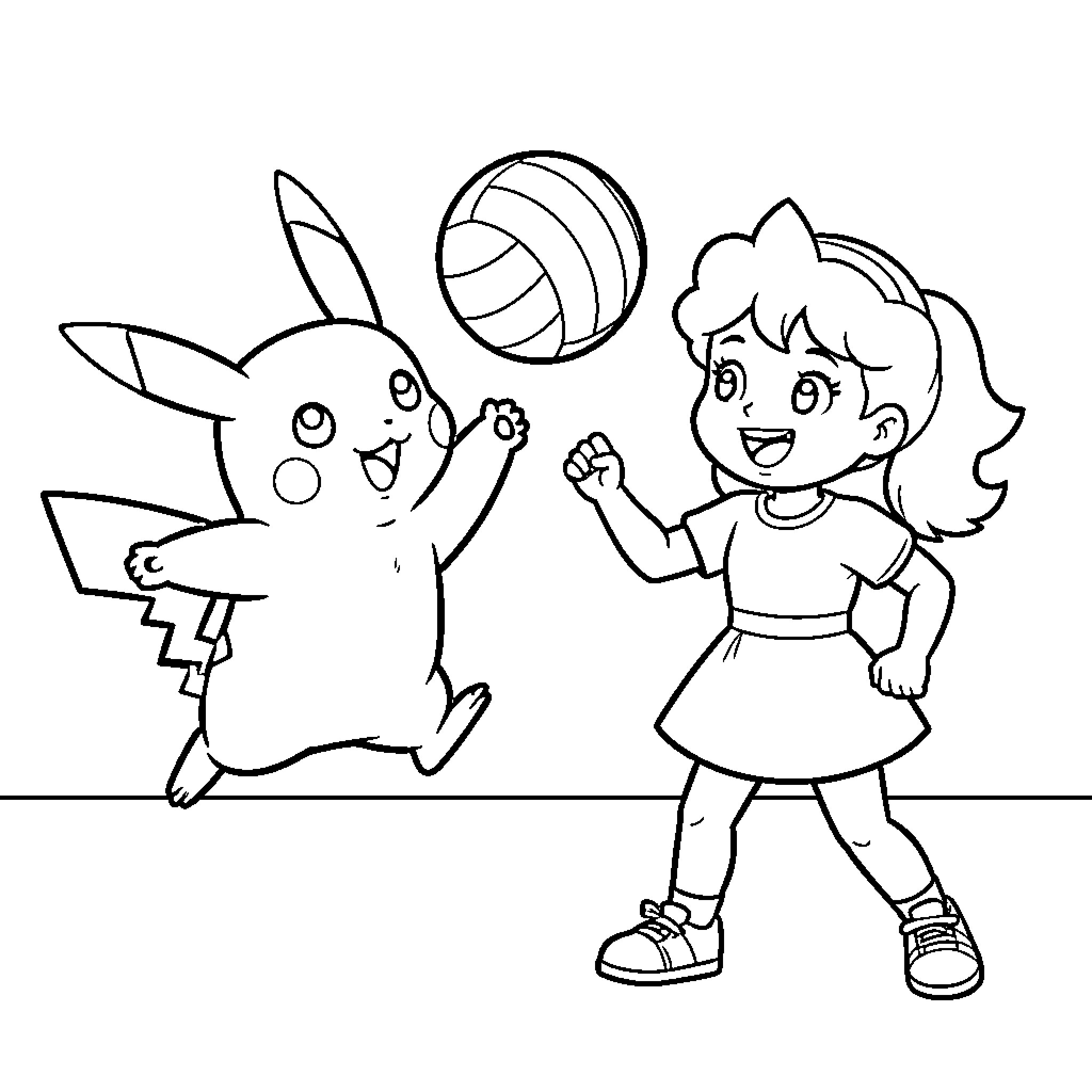 Pikachu and a young girl playing with a ball Coloring Page (free black-and-white line drawing printable PDF for all, from beginners to advanced learners, including children, teens, adults, and seniors)