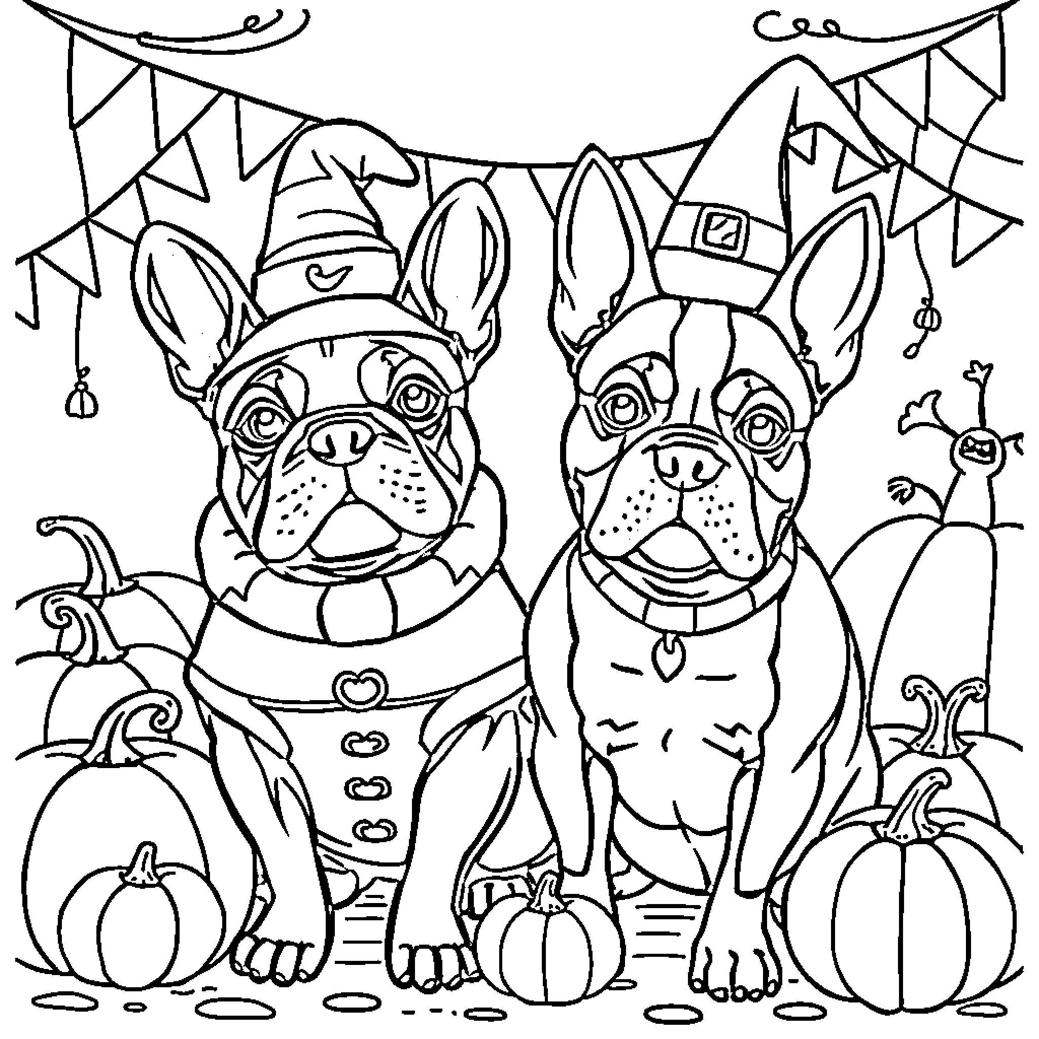 Dog friends in costumes at fall festival Coloring Page (free black-and-white line drawing printable PDF for all, from beginners to advanced learners, including children, teens, adults, and seniors)