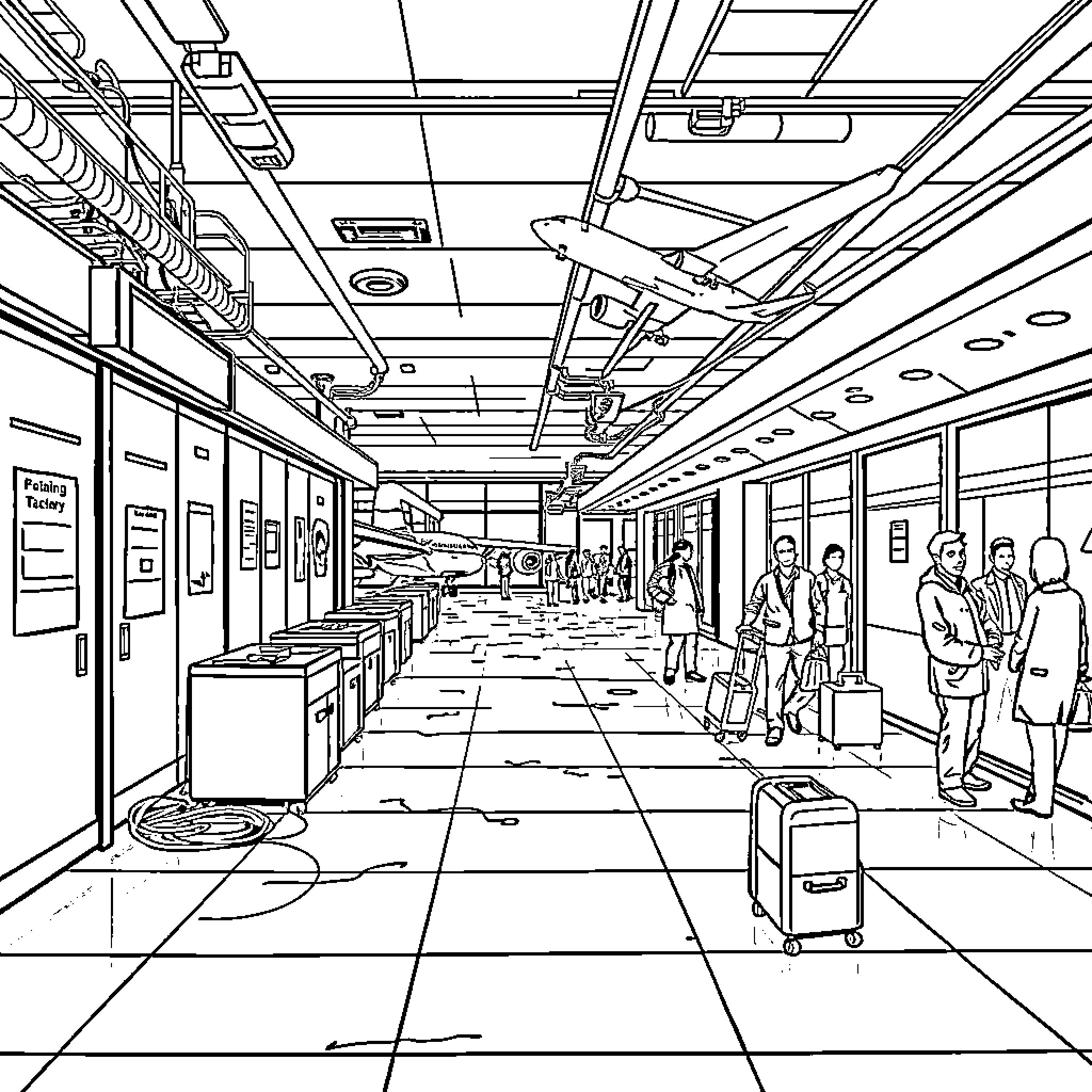 Safety Hazard: Crowded Airport Concourse with Potential Obstacles Coloring Page (free black-and-white line drawing printable PDF for all, from beginners to advanced learners, including children, teens, adults, and seniors)