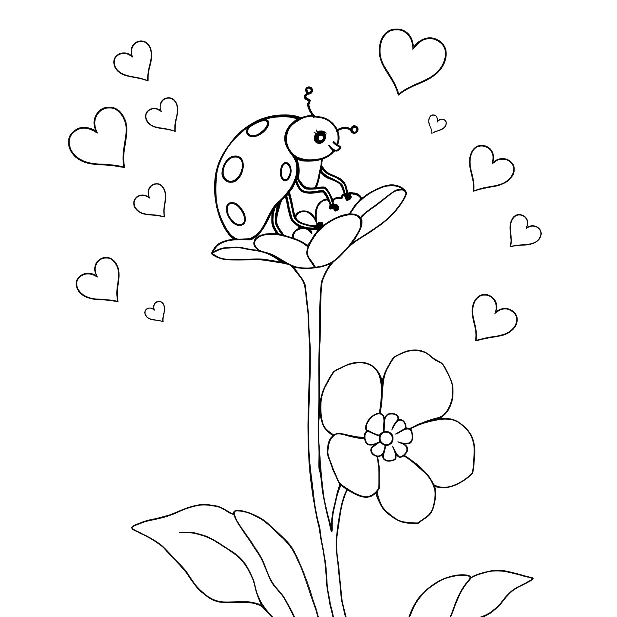 Ladybug sitting on a flower surrounded by hearts Coloring Page (free black-and-white line drawing printable PDF for all, from beginners to advanced learners, including children, teens, adults, and seniors)